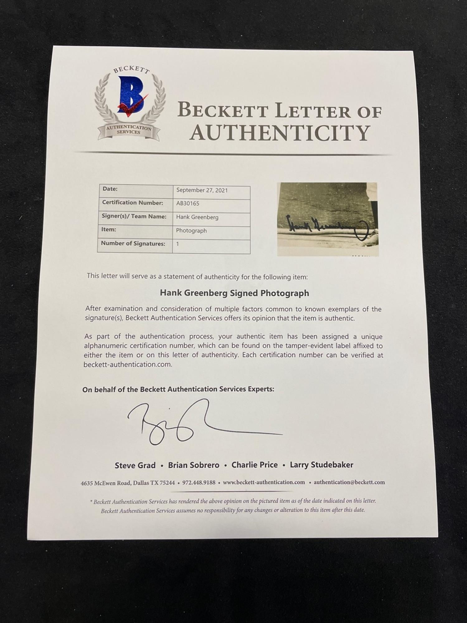 A Hank Greenberg Signed Autograph Photo (BAS Beckett Authentication Services Certified),