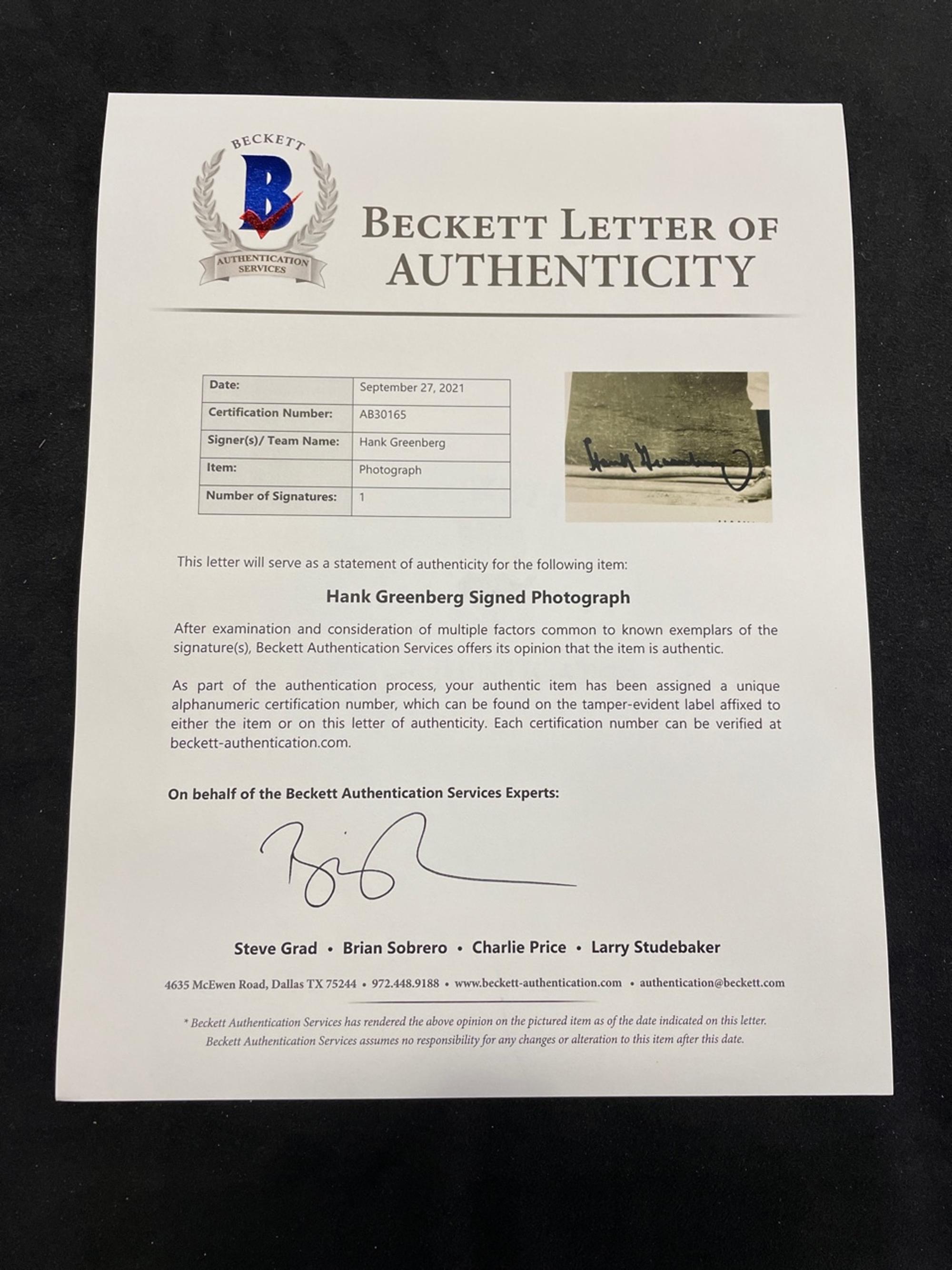A Hank Greenberg Signed Autograph Photo (BAS Beckett Authentication Services Certified),
