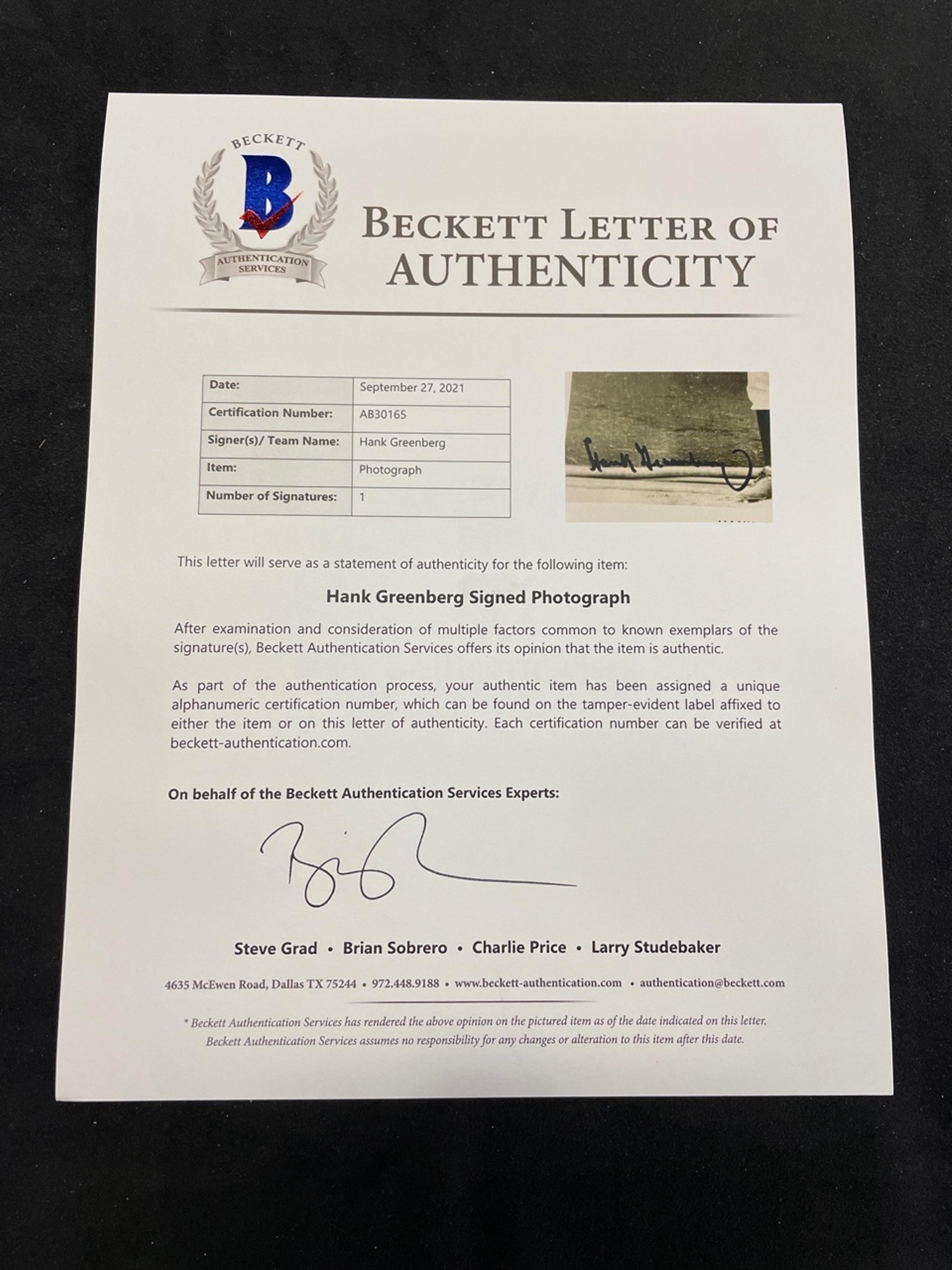 A Hank Greenberg Signed Autograph Photo (BAS Beckett Authentication Services Certified),