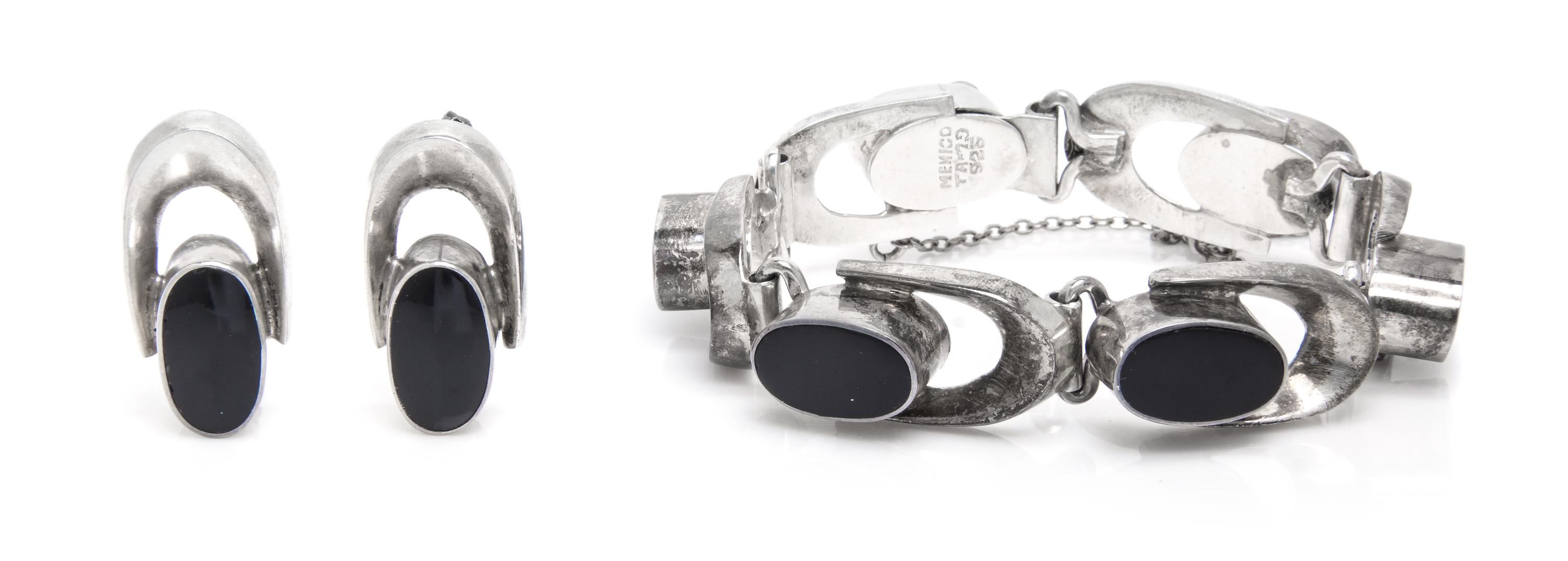 A Collection of Sterling Silver and Onyx Jewelry, Taxco, 51.40 dwts.