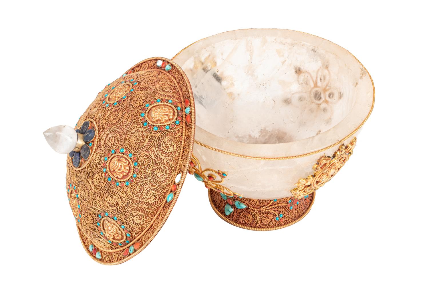 A Jeweled Gilt Filigree Metal and Rock Crystal Bowl and Cover