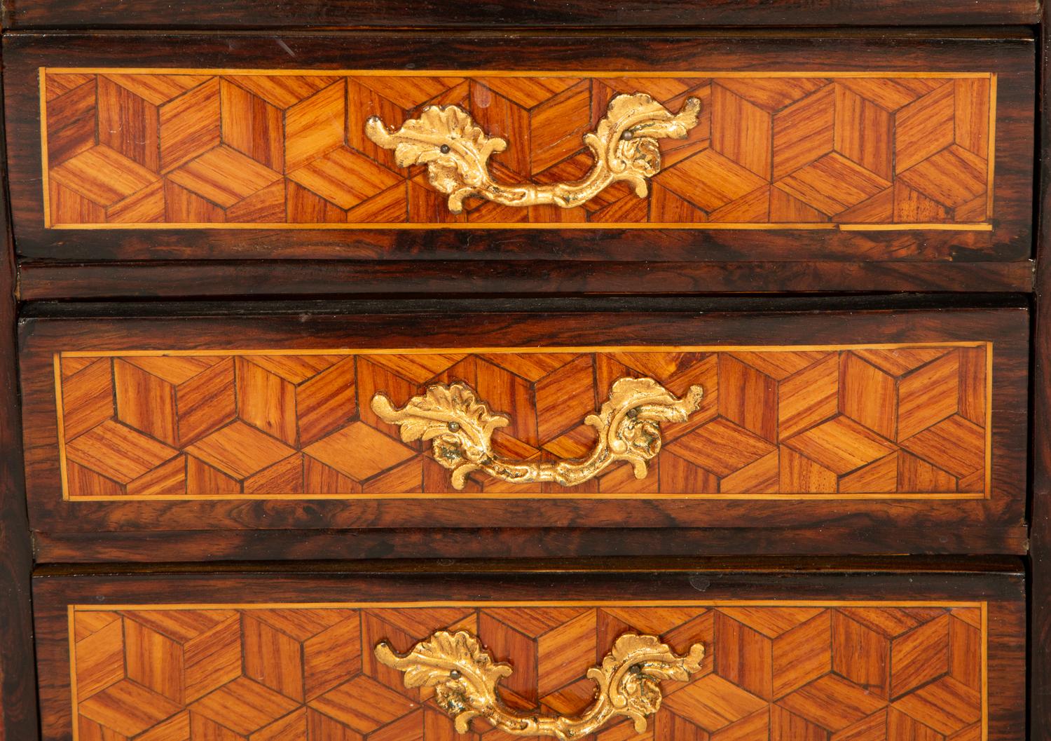 A Diminutive Gilt Bronze Mounted Parquetry Chest of Drawers