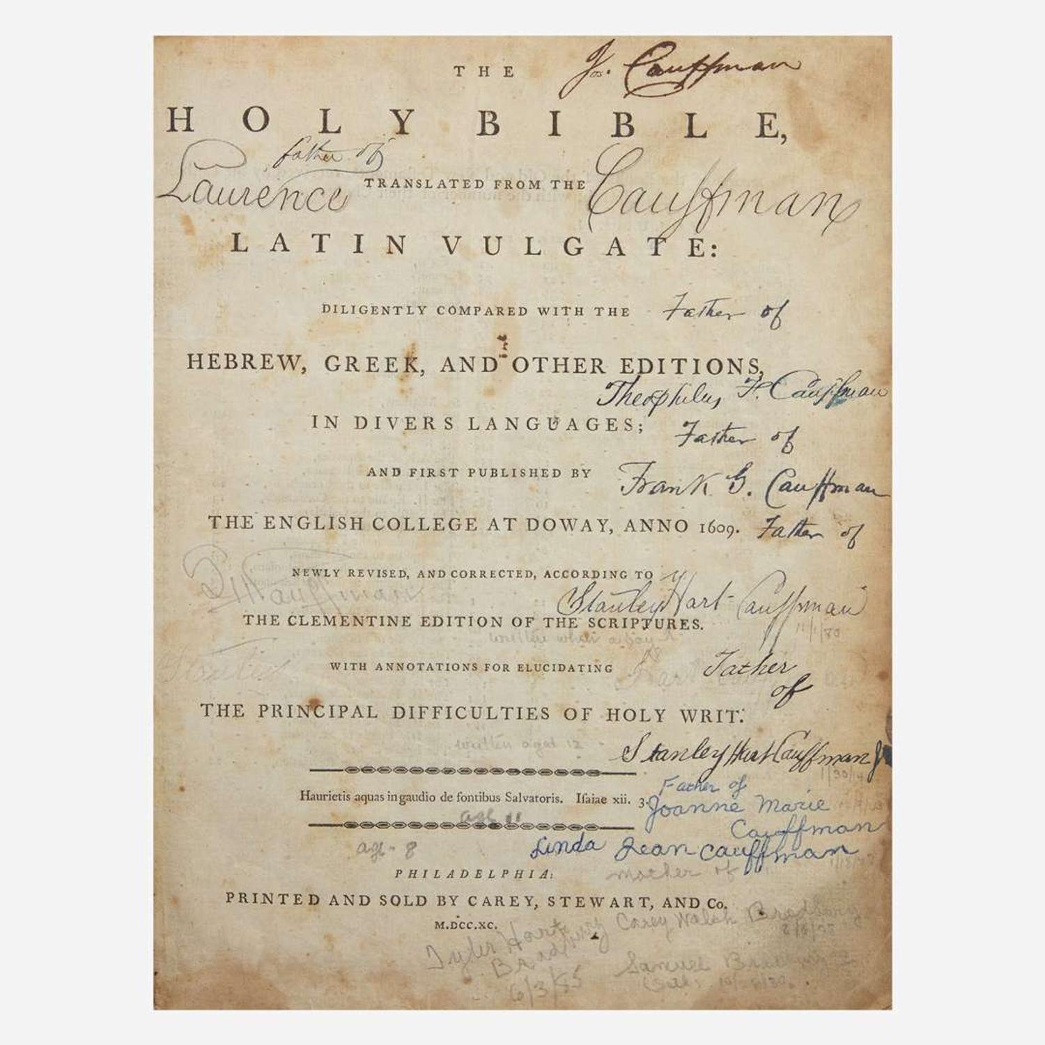 [Americana] [First Catholic Bible] The Holy Bible, Translated from the Latin Vulgate: Diligently Compared with the Hebrew, Greek, and Other Editions, in Divers Languages; and First Published by the English College at Doway, Anno 1609