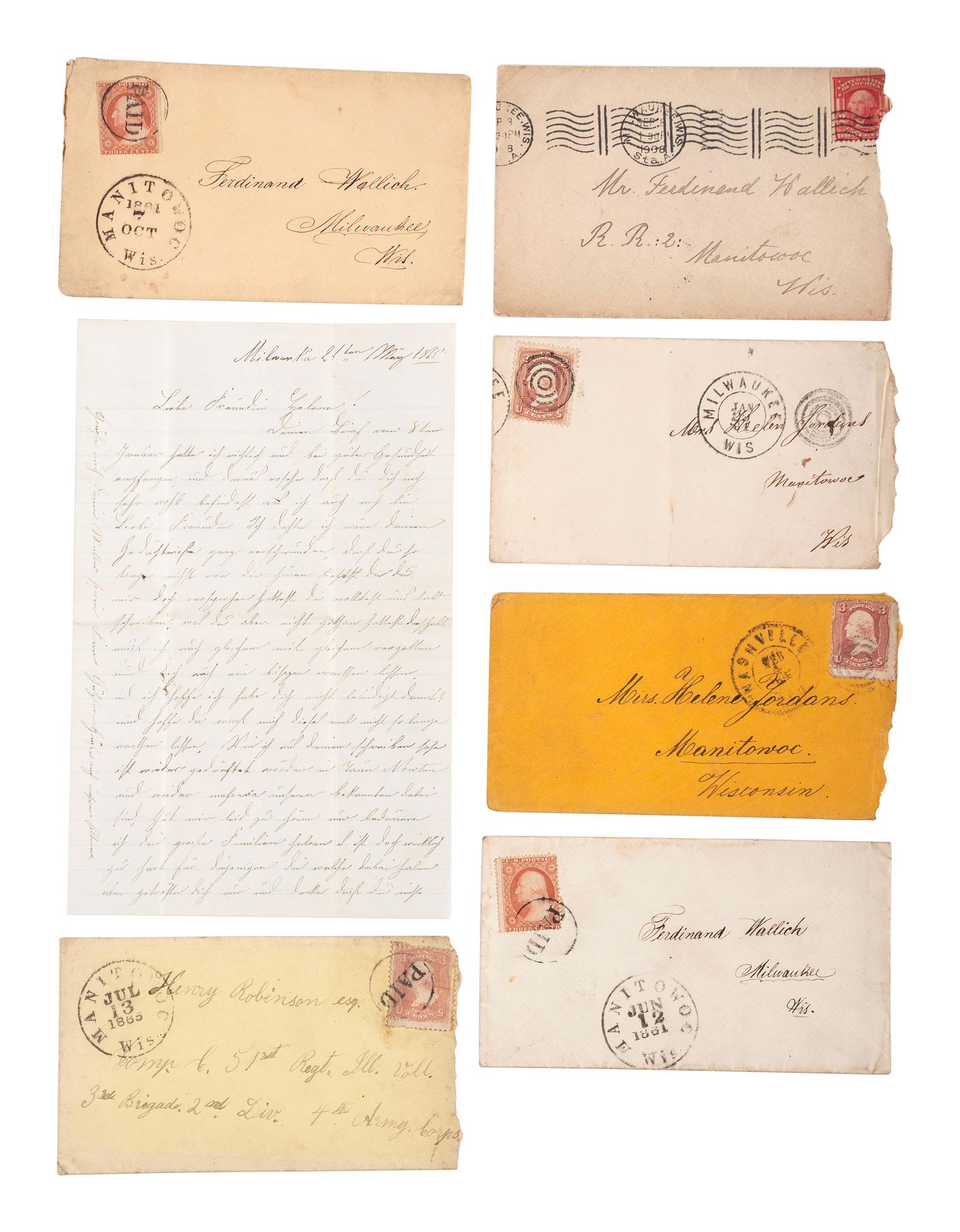 [CIVIL WAR]. A group of 27 letters addressed to Helene Wallich Jordans from husband and brothers serving with the 82nd Illinois and the 26th Wisconsin Infantries. January 1863-June 1865.