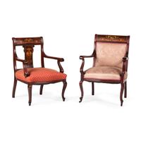 An Edwardian Style Mahogany and Marquetry Five-Piece Seating Suite