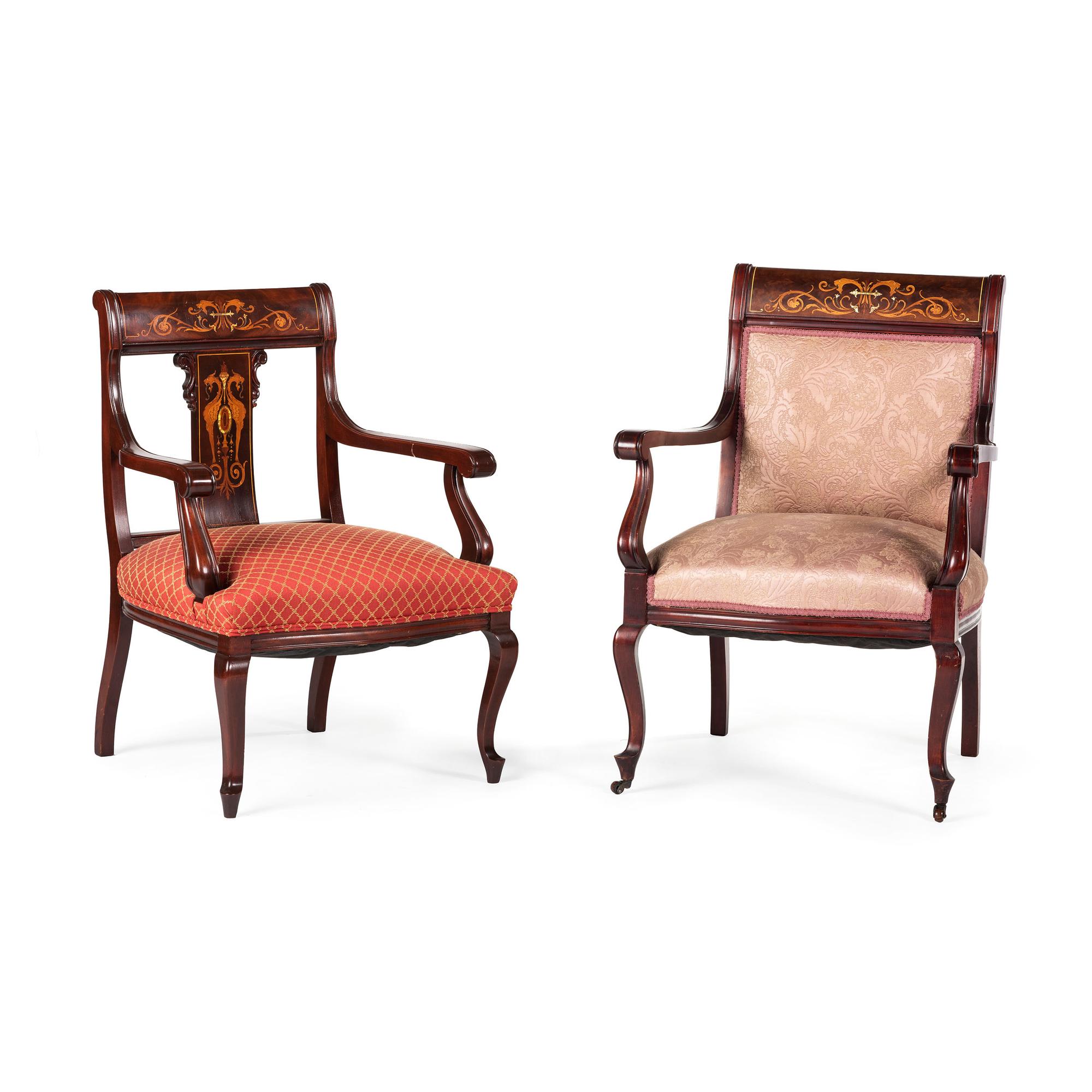 An Edwardian Style Mahogany and Marquetry Five-Piece Seating Suite