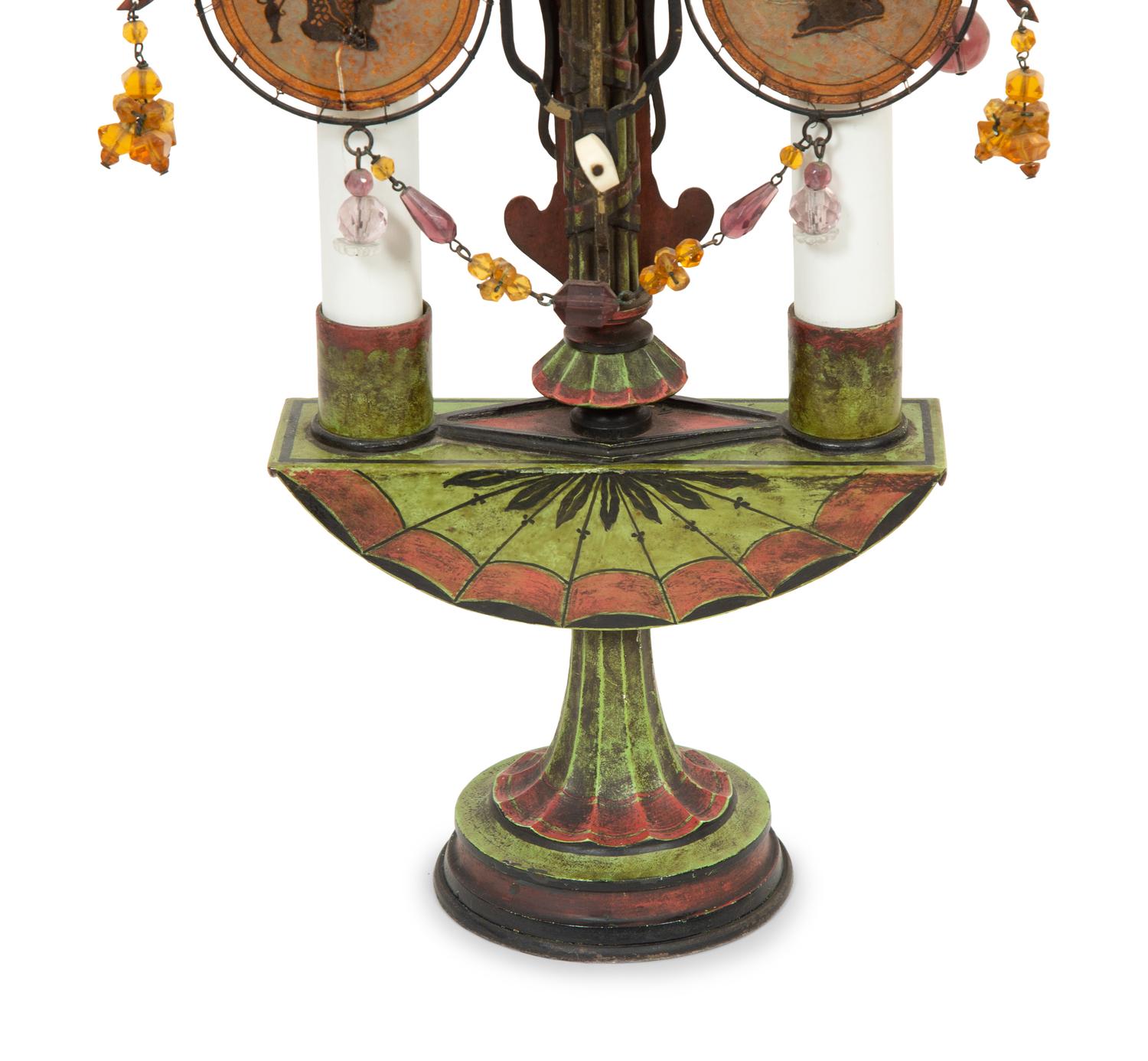 A Pair of Tole Peinte Two-Light Candelabra