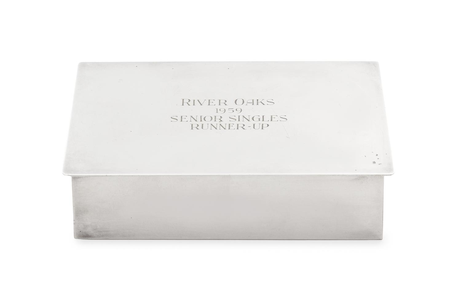 An American Silver Cigarette Box, Lebkuecher & Co., Newark, NJ, of rectangular form, the hinged cover later engraved RIVER OAKS 1959 SE