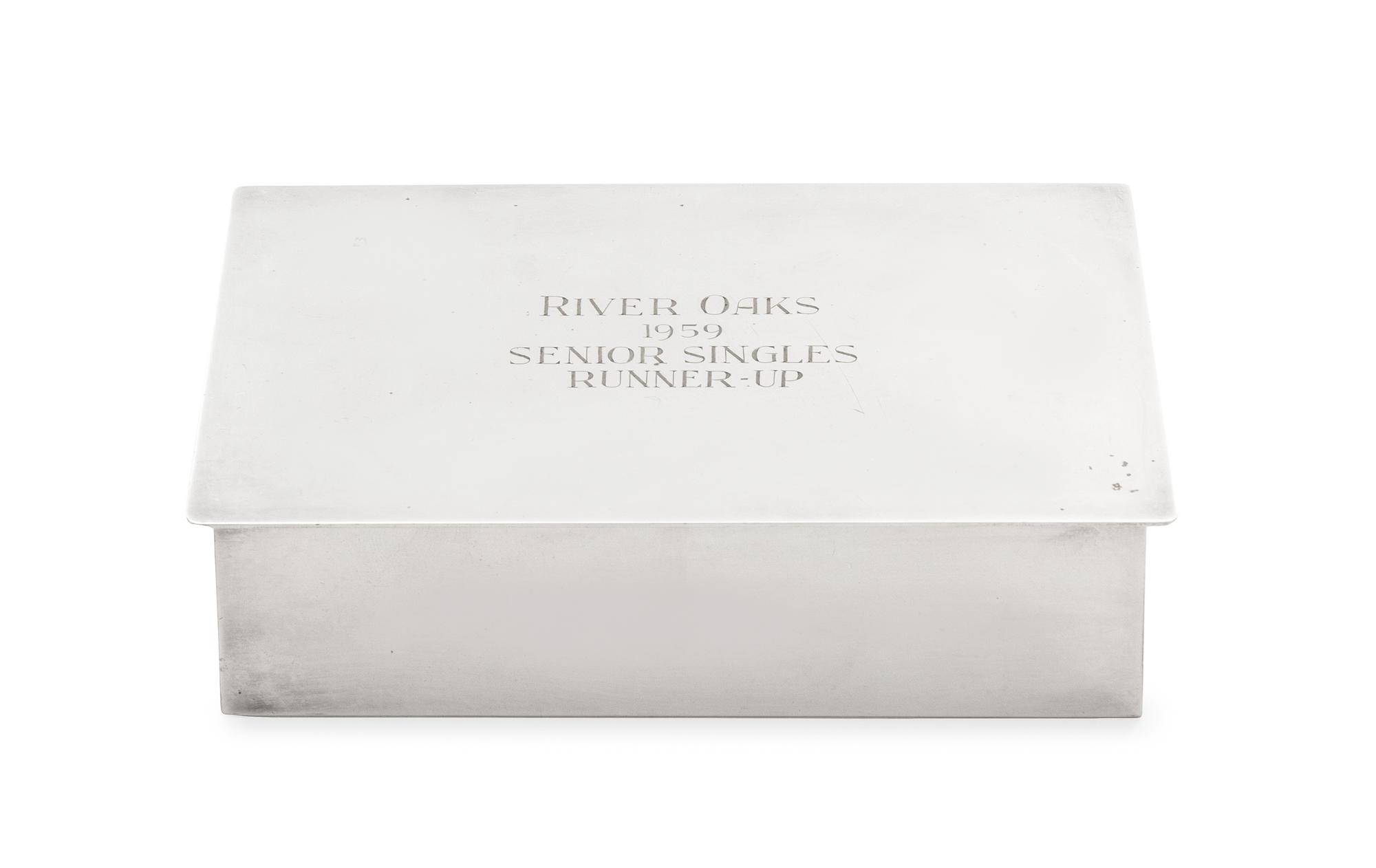 An American Silver Cigarette Box, Lebkuecher & Co., Newark, NJ, of rectangular form, the hinged cover later engraved RIVER OAKS 1959 SE