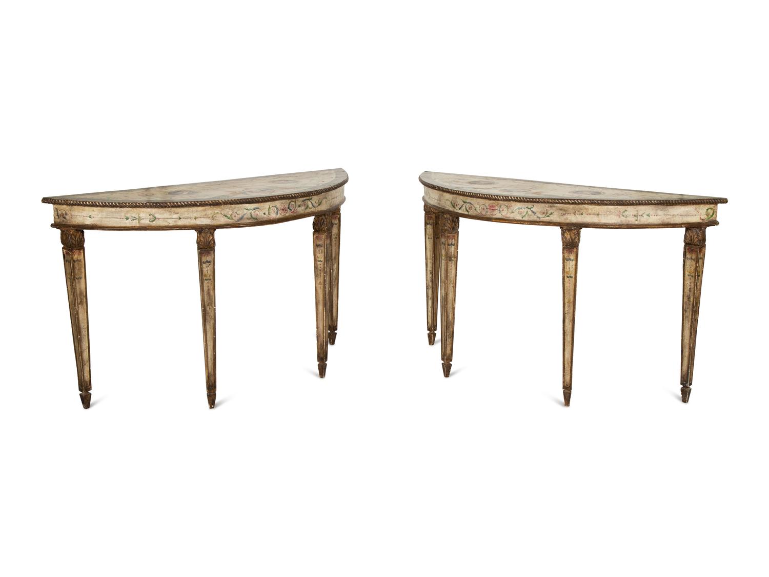A Pair of Venetian Painted Demilune Console Tables