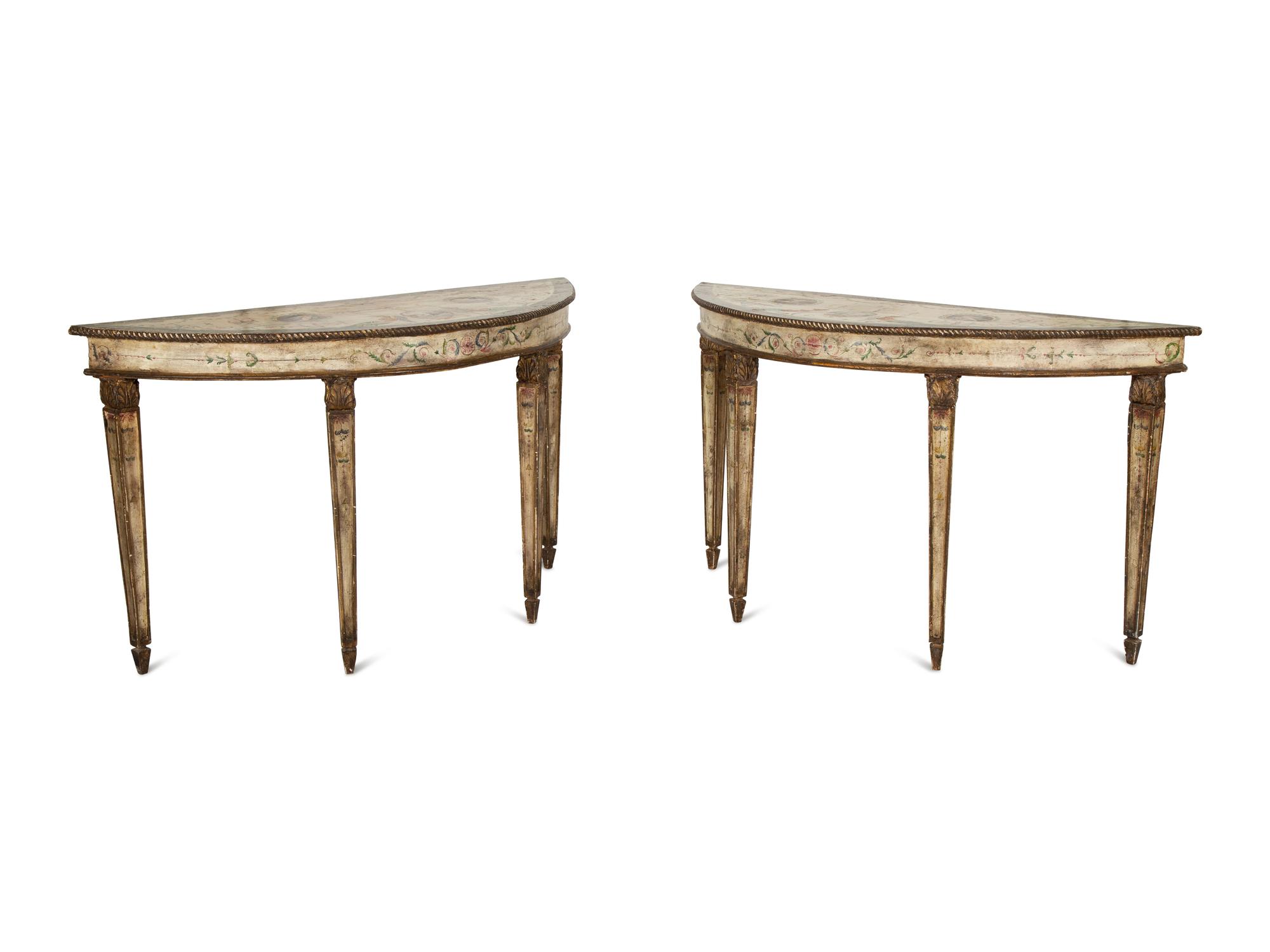A Pair of Venetian Painted Demilune Console Tables