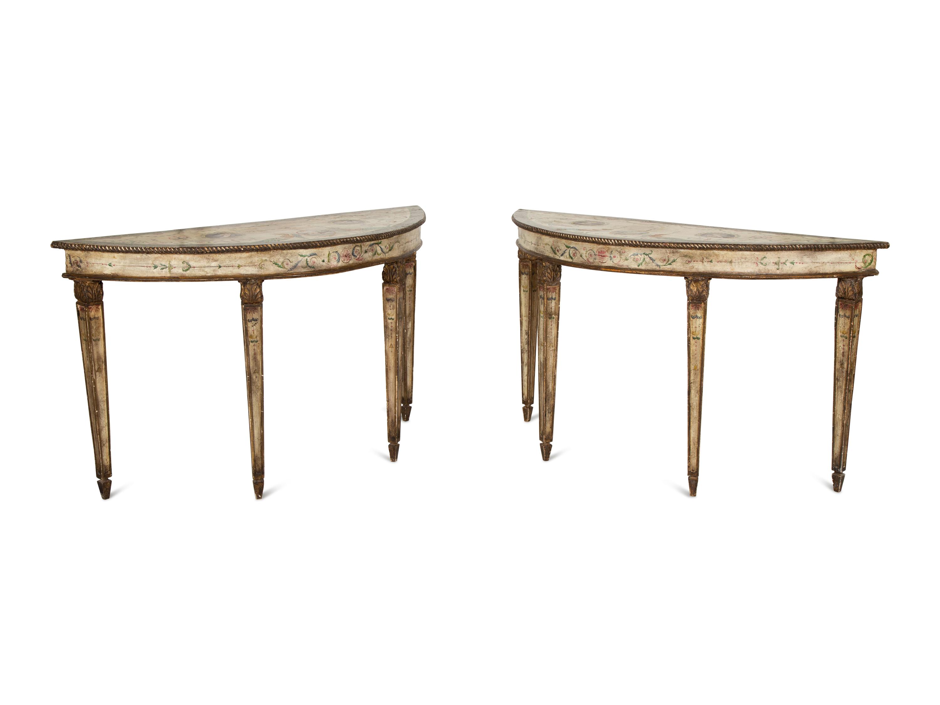 A Pair of Venetian Painted Demilune Console Tables