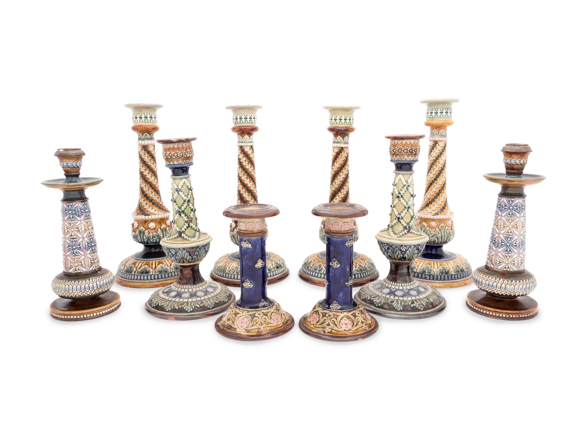 Five Pairs of Doulton Lambeth and Royal Doulton Stoneware Candlesticks