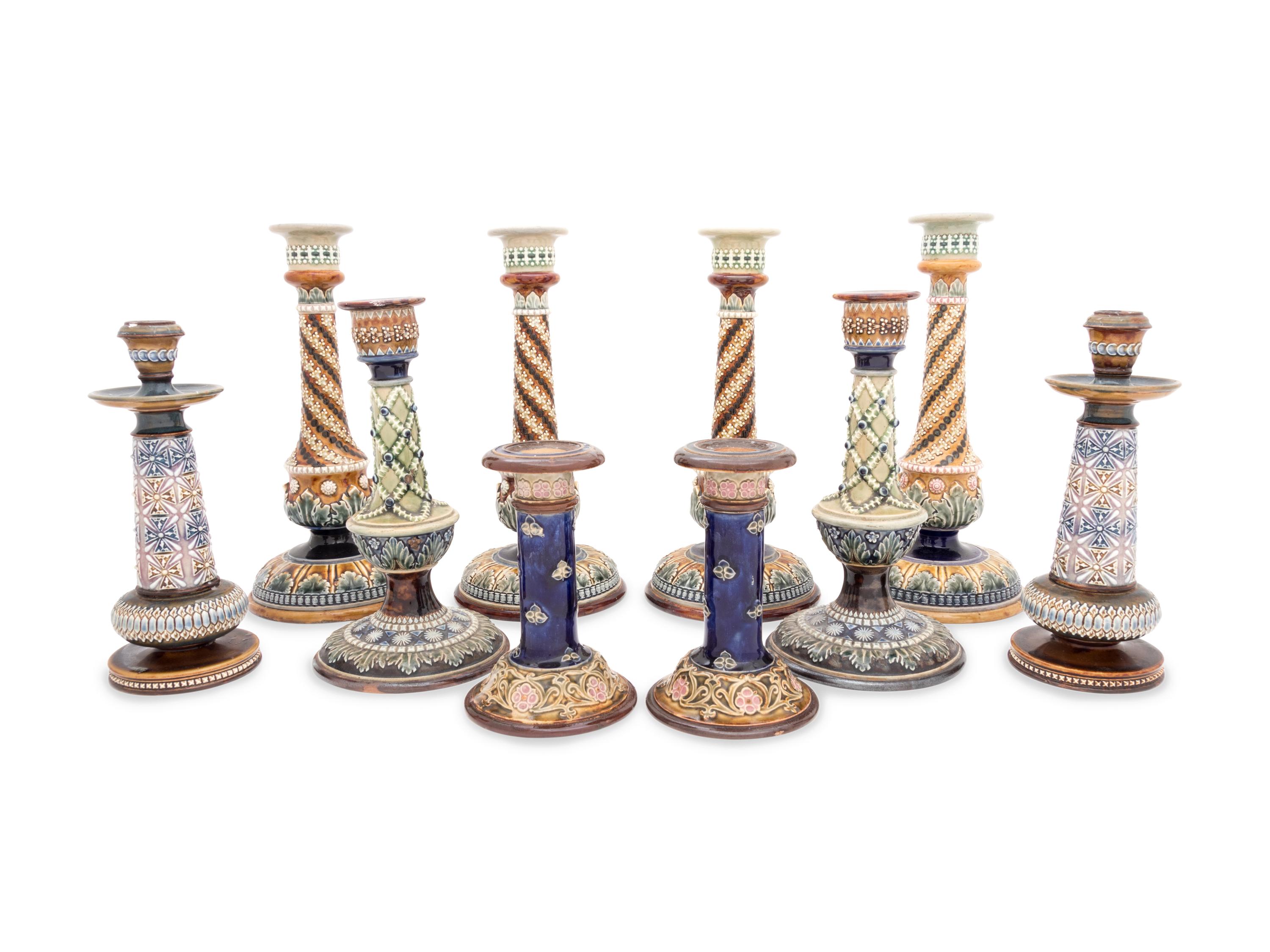 Five Pairs of Doulton Lambeth and Royal Doulton Stoneware Candlesticks