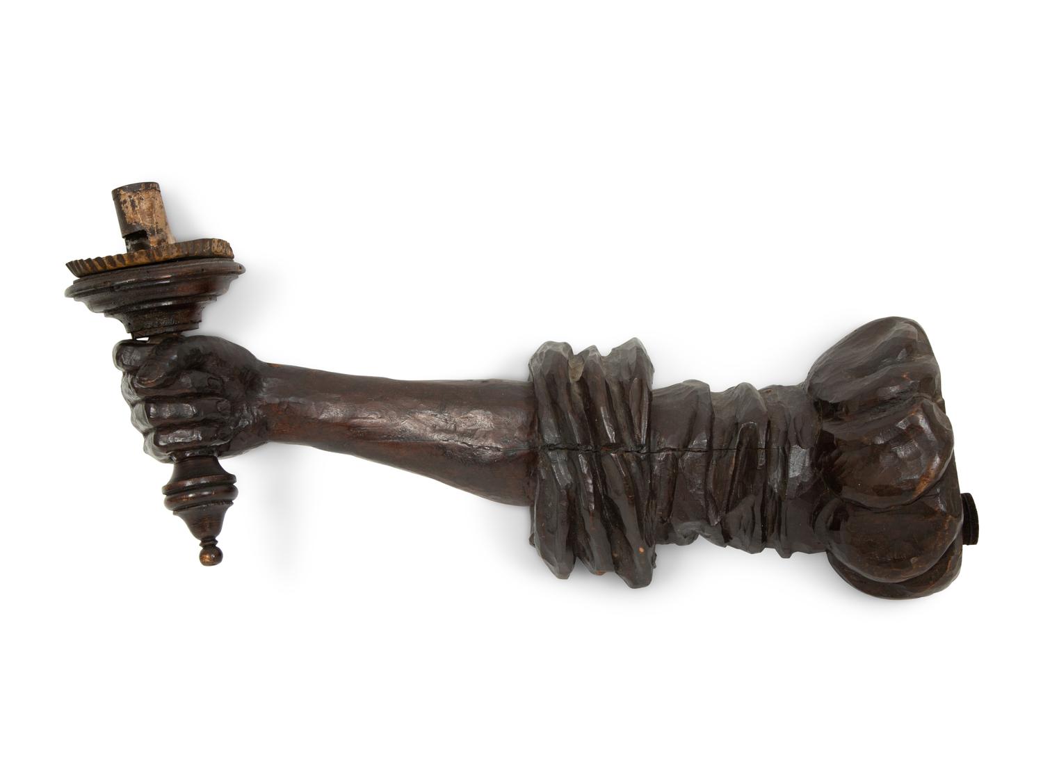 A Pair of Italian Carved, Painted and Parcel Gilt Arm-form Wall Sconces