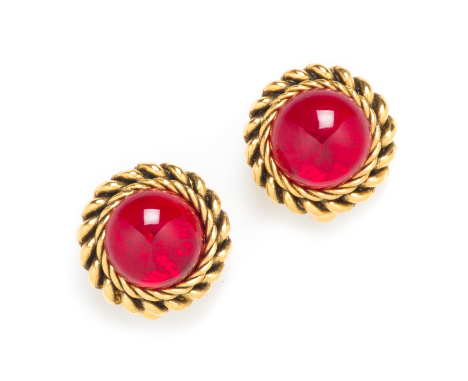 A Pair of Chanel Red Glass Earclips, 1" x 1".