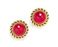 A Pair of Chanel Red Glass Earclips, 1" x 1".