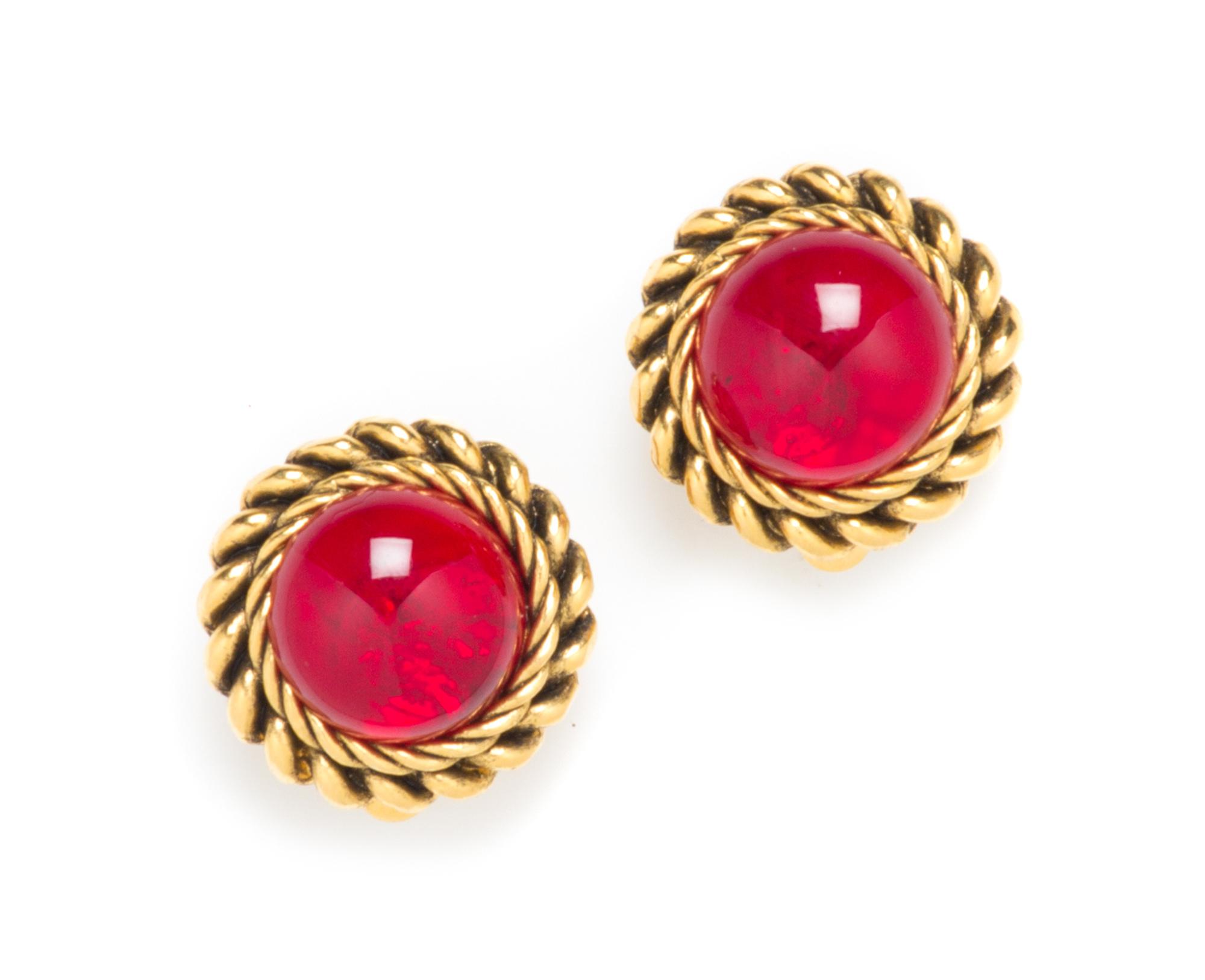 A Pair of Chanel Red Glass Earclips, 1" x 1".