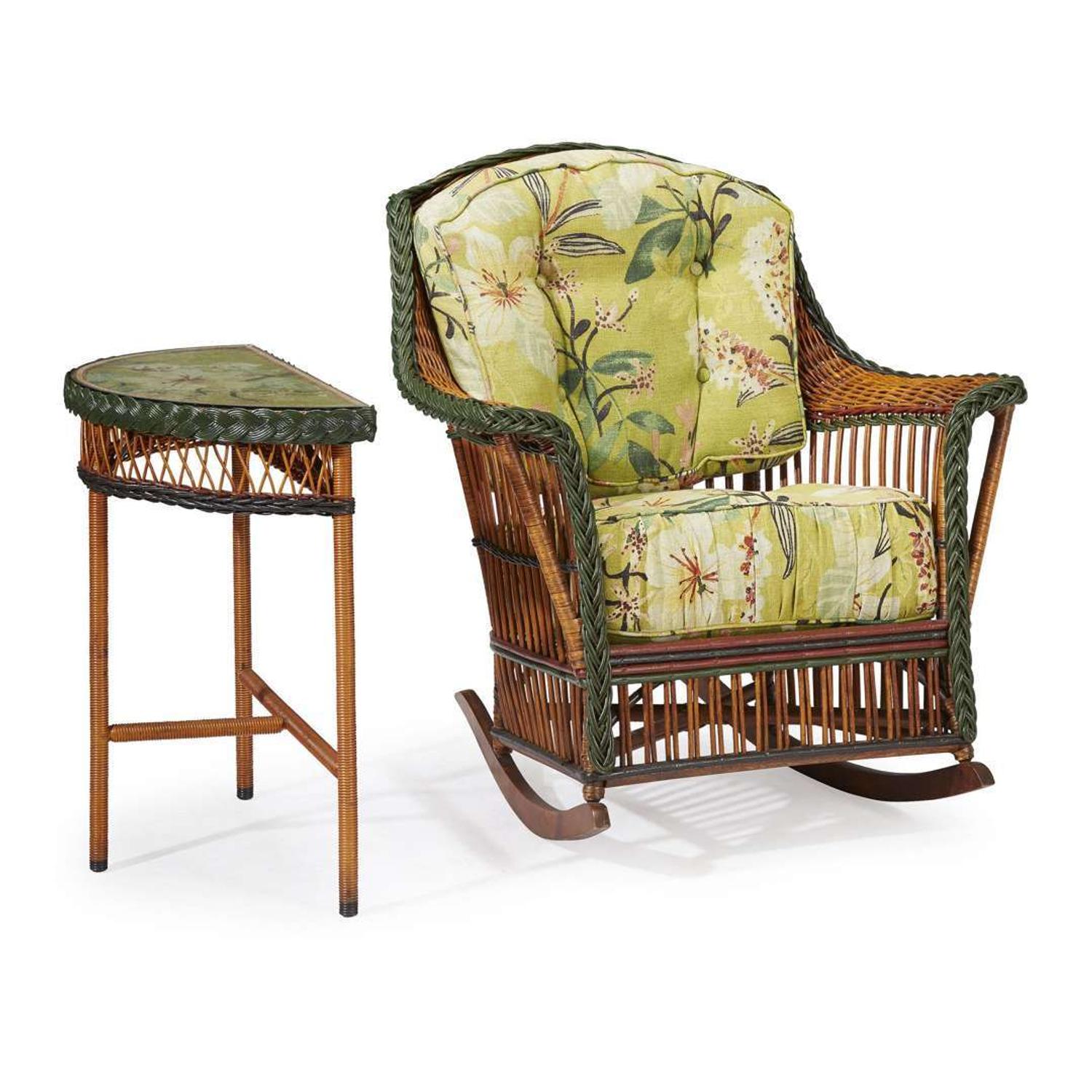 A polychrome painted wicker and rattan rocker and demilune side table american, circa 1900