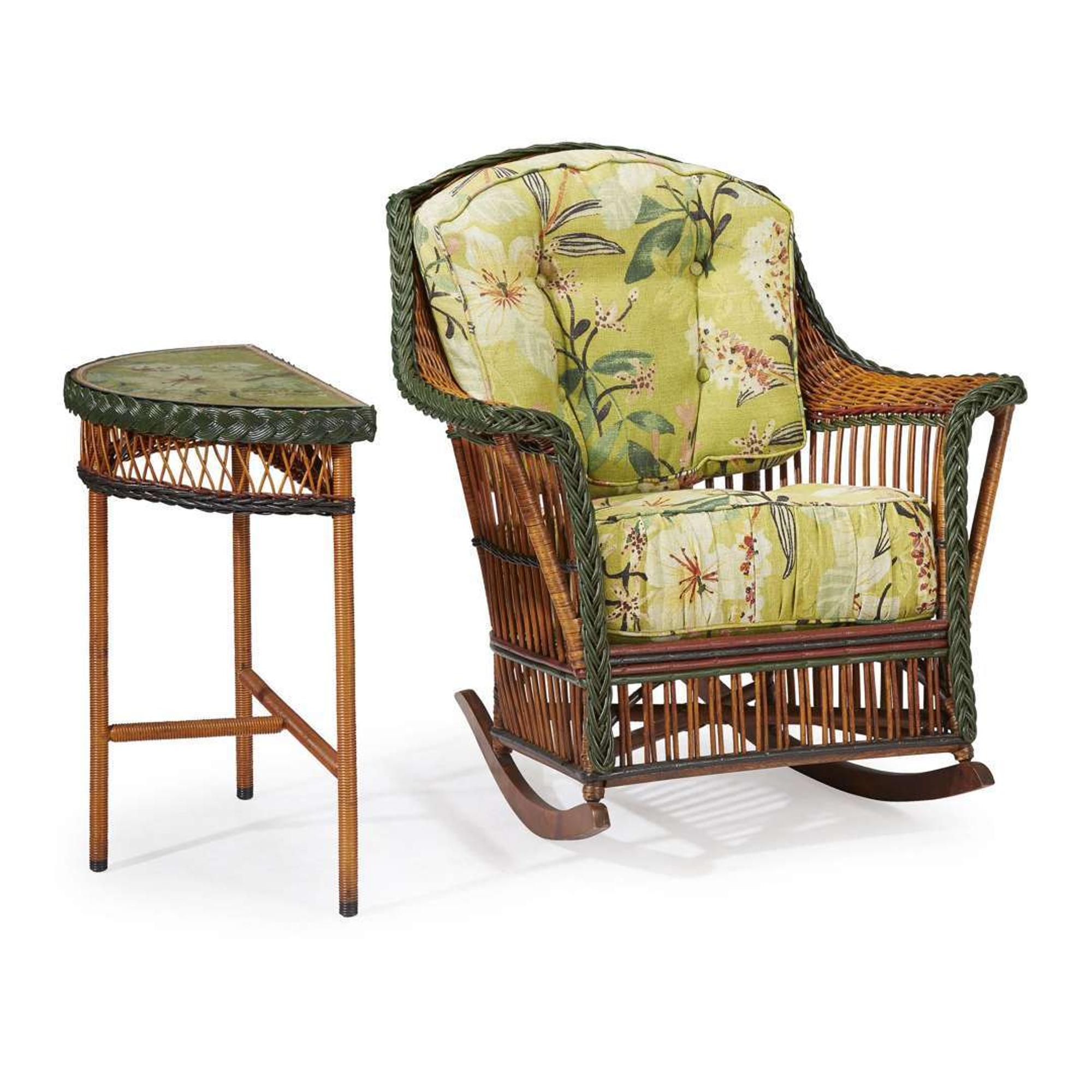 A polychrome painted wicker and rattan rocker and demilune side table american, circa 1900