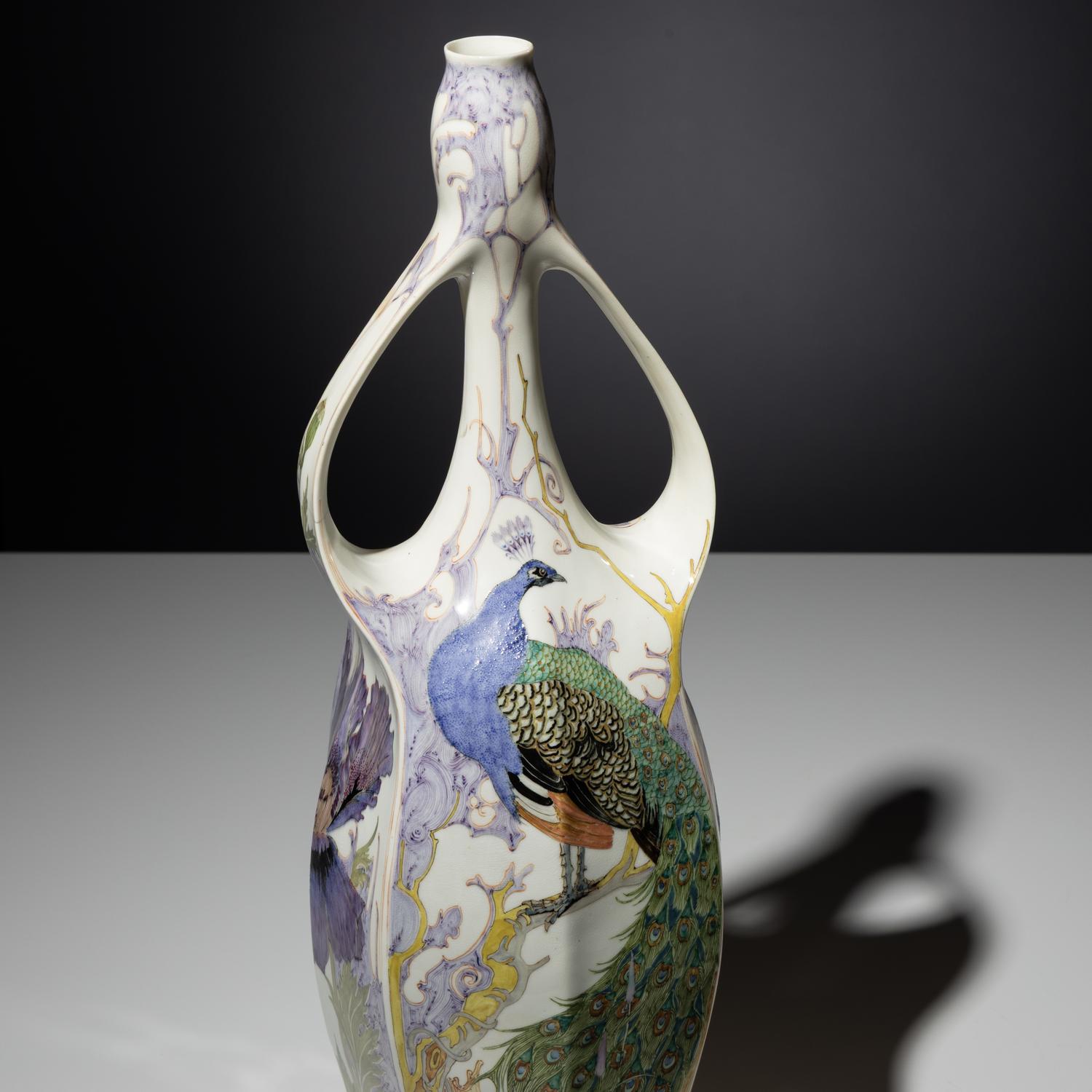 Monumental eggshell porcelain two-handled vase with polychrome peacock and poppy decor, model 97p