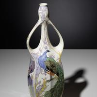 Monumental eggshell porcelain two-handled vase with polychrome peacock and poppy decor, model 97p