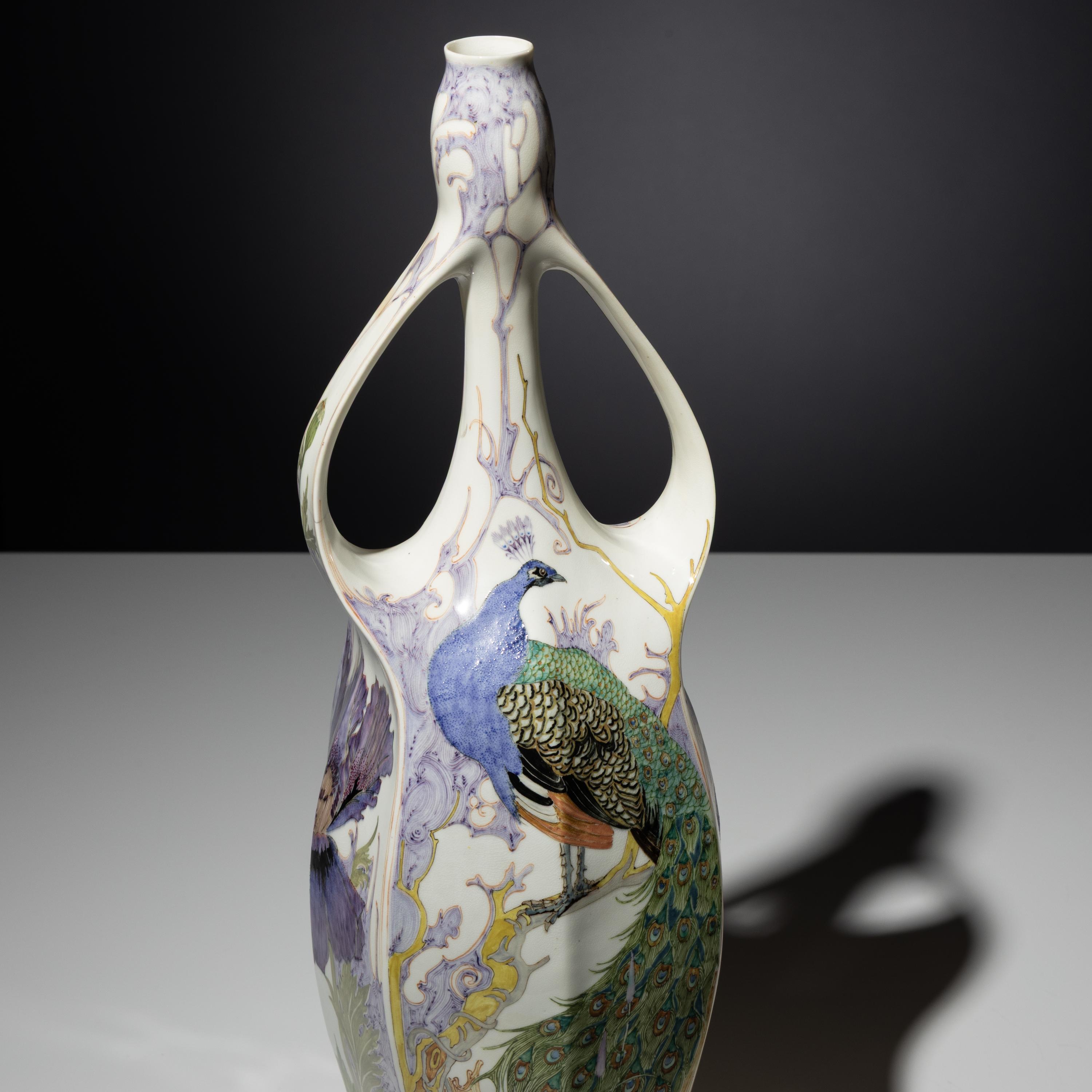 Monumental eggshell porcelain two-handled vase with polychrome peacock and poppy decor, model 97p