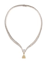 FANCY LIGHT BROWNISH GREENISH YELLOW DIAMOND AND DIAMOND NECKLACE