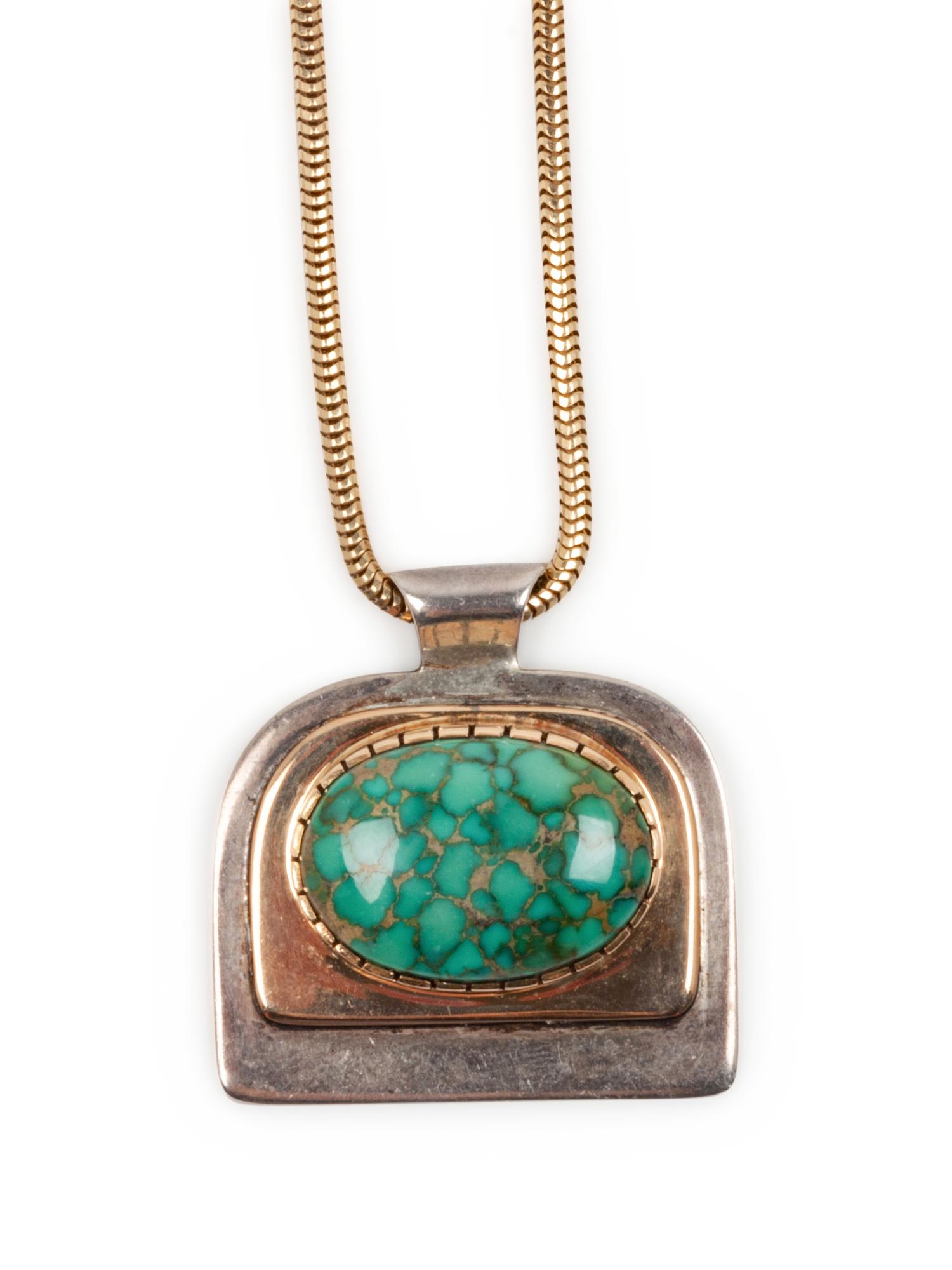 Turquoise, Silver, and Gold Pendant, on a 14k Gold Chain
