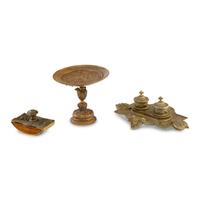 A Continental Brass Tazza, Rocker Blotter and Ink Stand