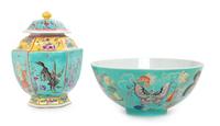 Two Turquoise Ground Famille Rose Porcelain Articles Diameter of bowl 7 5/8 inches. — LATE 19TH/20TH CENTURY