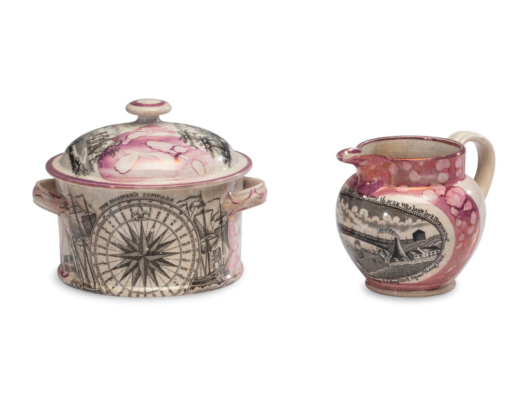 A Sunderland Luster 'Mariner's Compass / Iron Bridge' Cream and Sugar