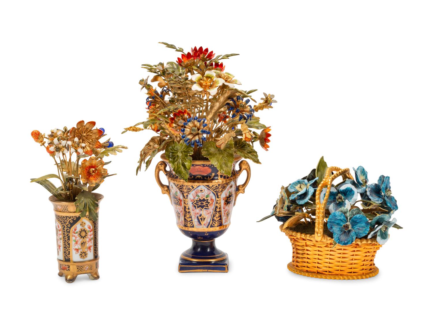 A Group of Three Porcelain and Enamel Flower Baskets