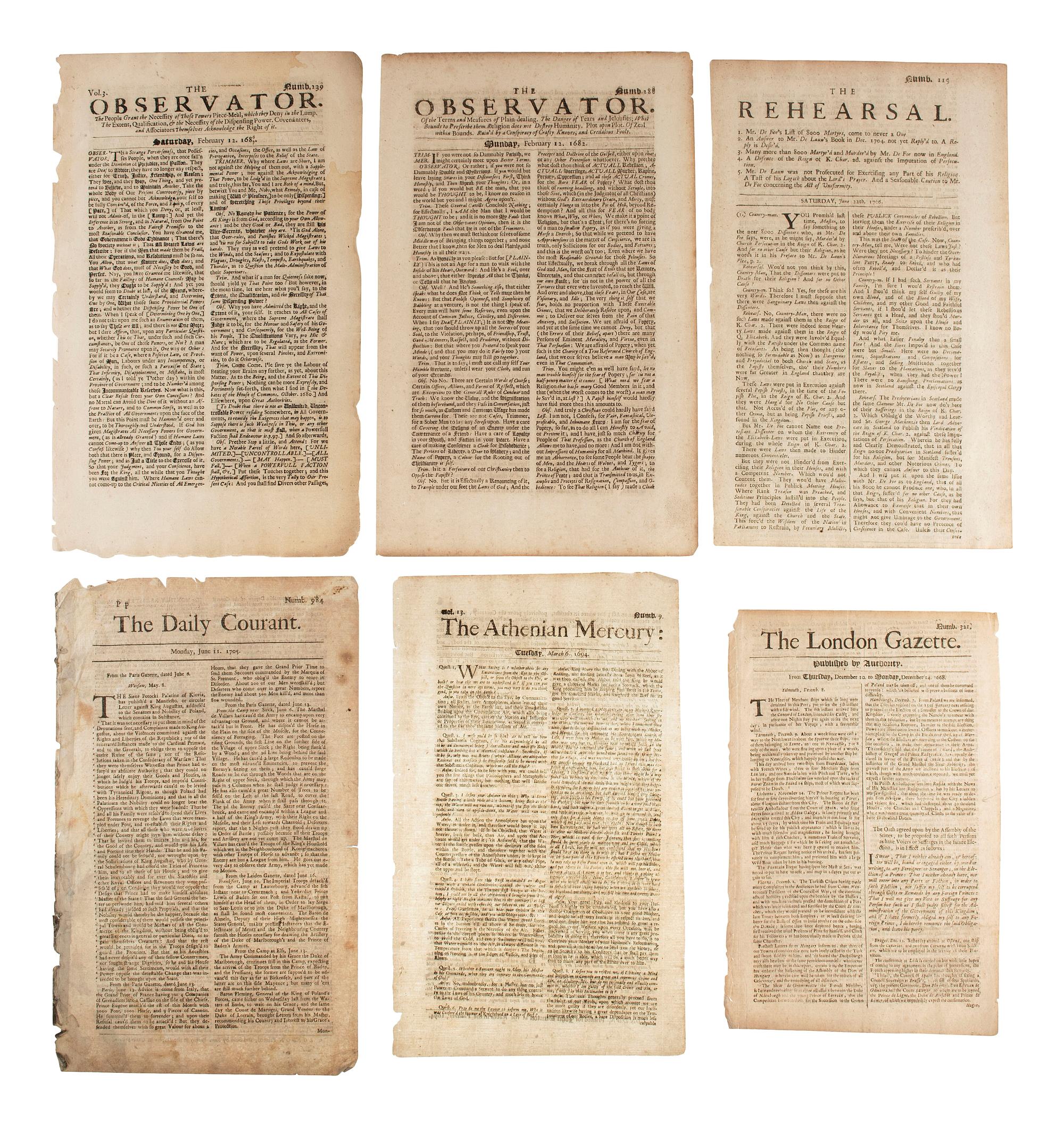 [NEWSPAPERS] -- [ENGLAND]. A group of 18 late 17th-early 18th century newspapers published in London, incl. The London Gazette, The Observator, The Daily Courant , and T he Rehearsal .
