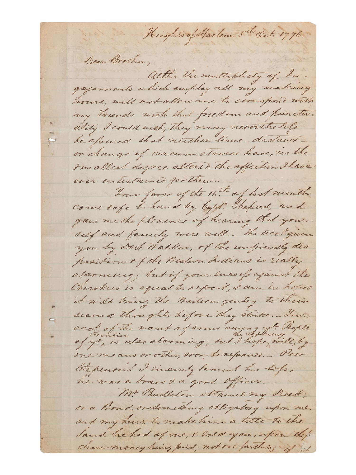 [WASHINGTON, George]. 19th century copy letter re. General Howe, New York retreat, Native American matters.