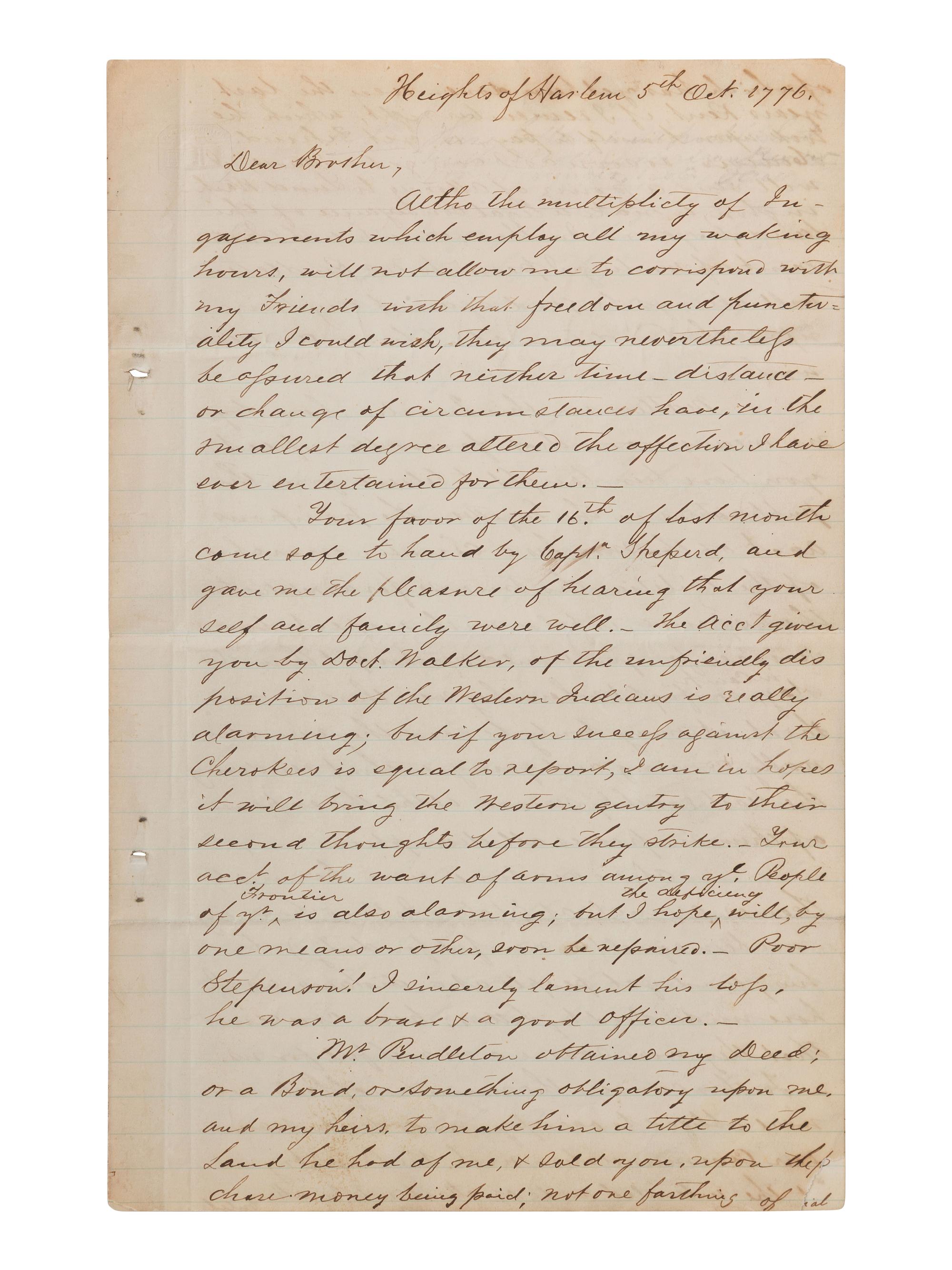 [WASHINGTON, George]. 19th century copy letter re. General Howe, New York retreat, Native American matters.