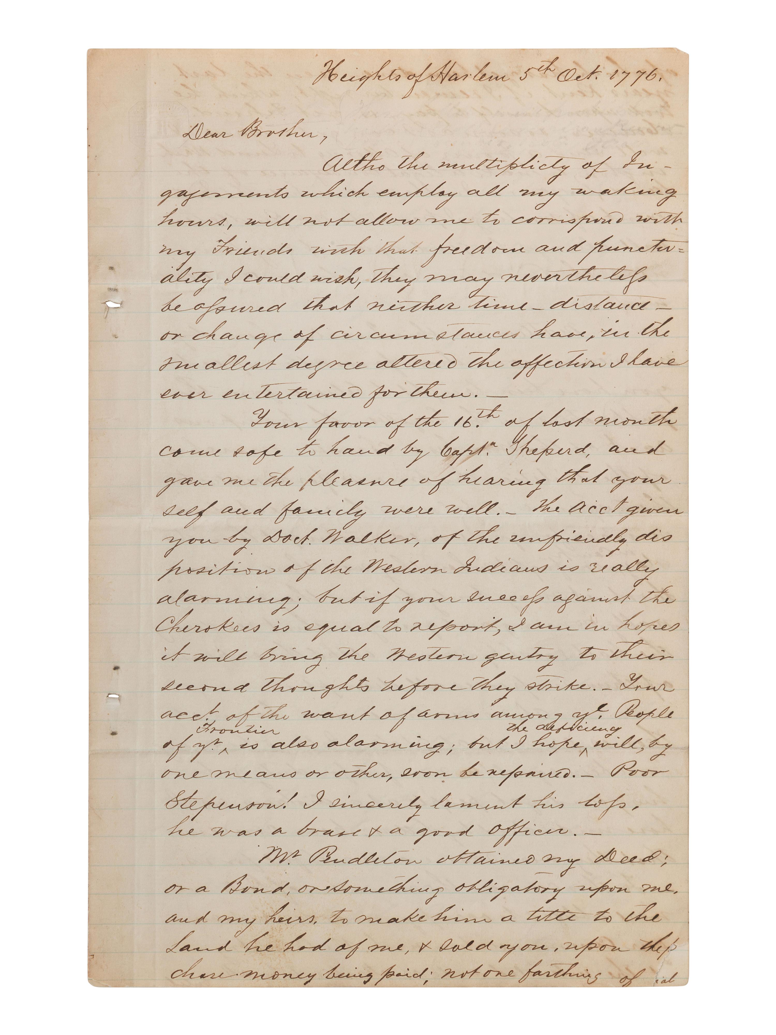 [WASHINGTON, George]. 19th century copy letter re. General Howe, New York retreat, Native American matters.