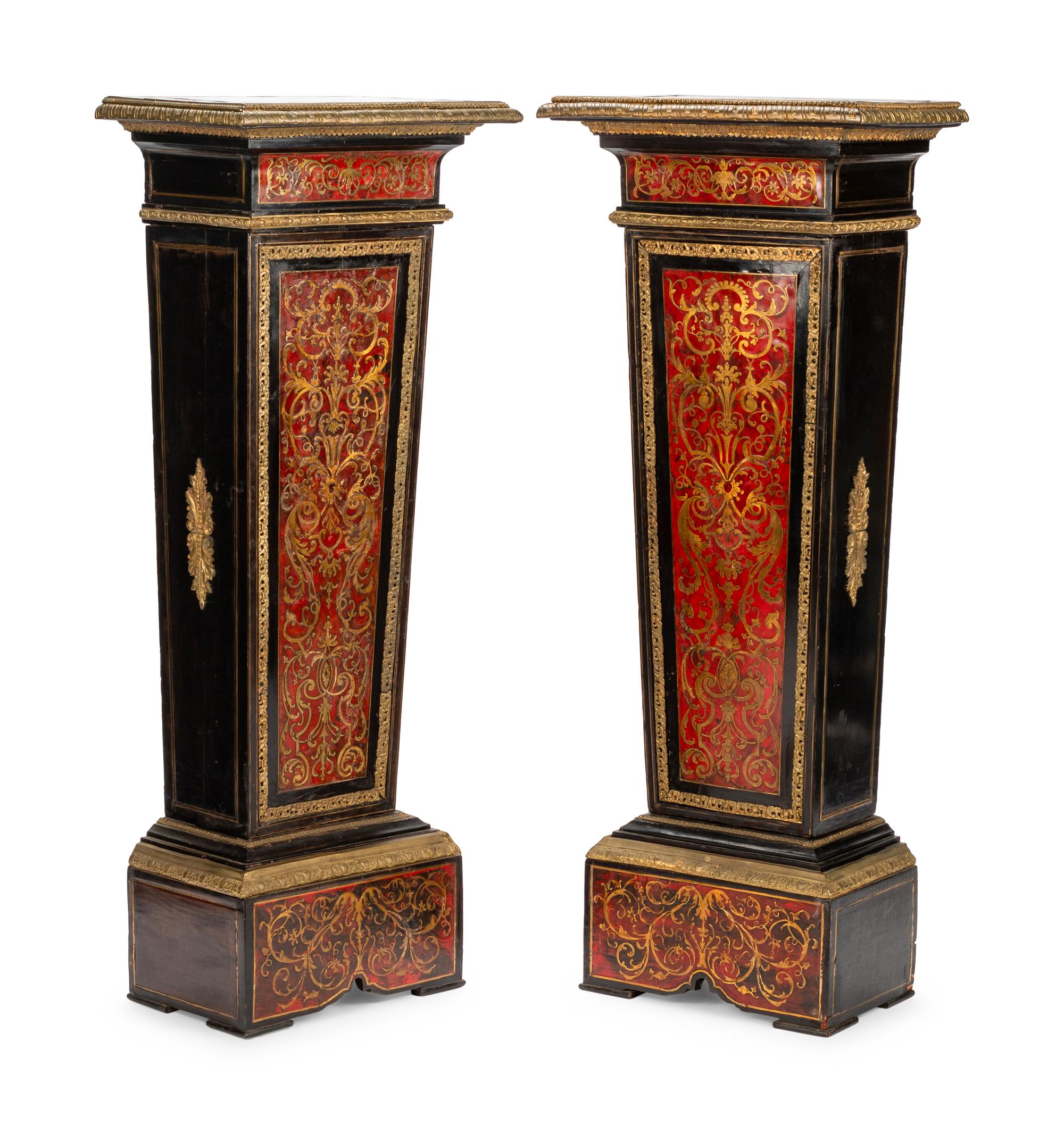 A Pair of Napoleon III Gilt Bronze Mounted Boulle Marquetry Pedestals