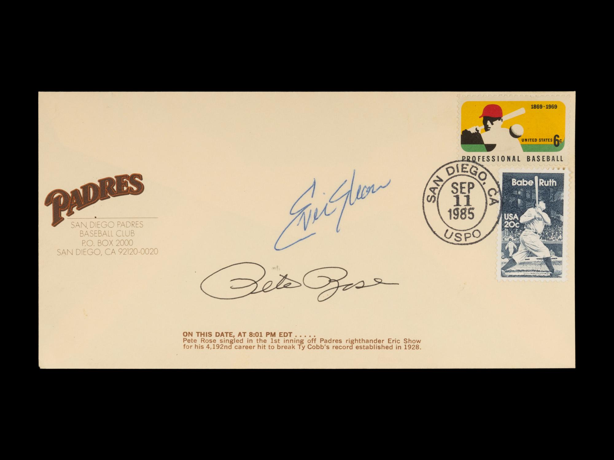 An Uncommon Pete Rose / Eric Show Dual Signed Autograph 4,192 Sept. 11, 1985 Postmarked Cachet,