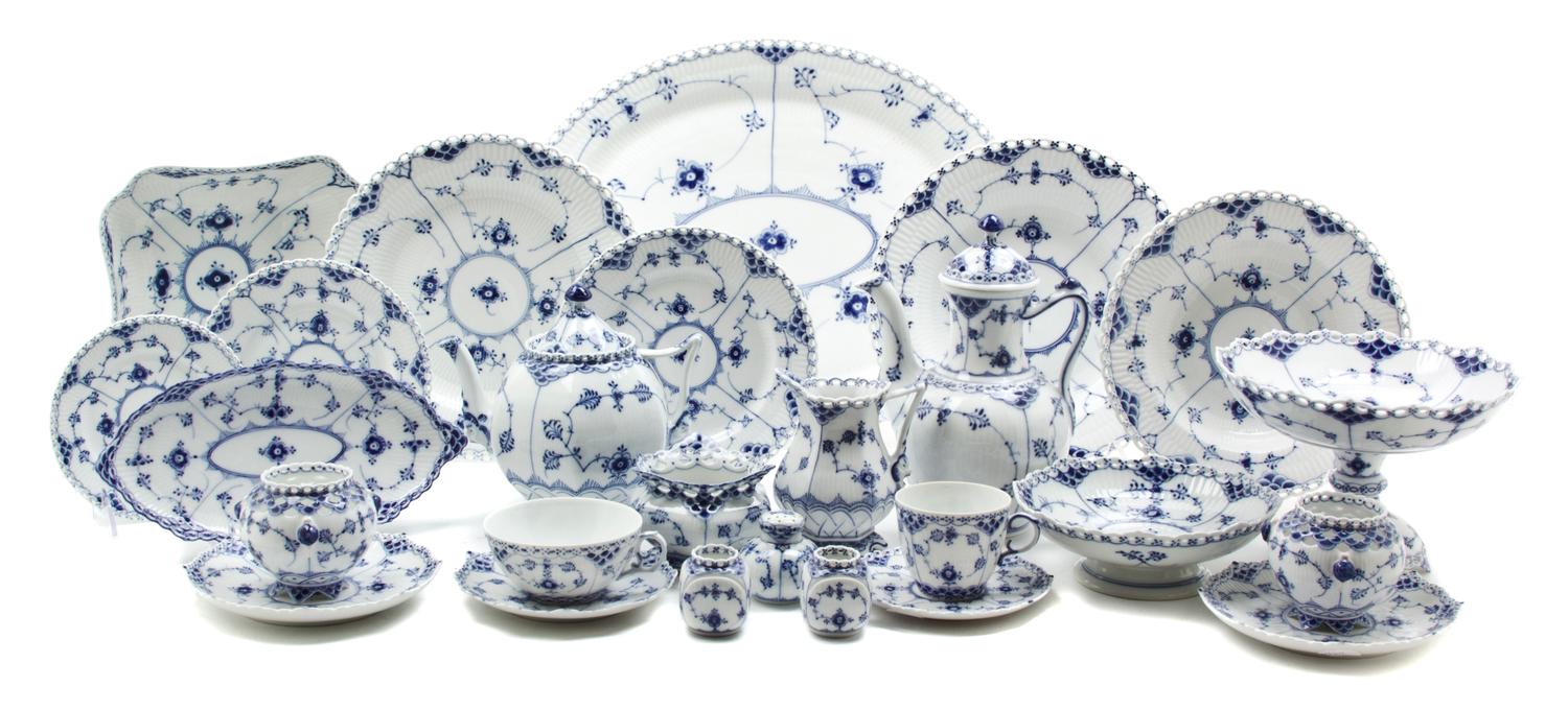 A Royal Copenhagen Porcelain Partial Dinner Service, Diameter of plate 10 inches.
