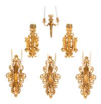A Group of Six Two-Light Sconces Height of tallest 2 3/8 inches.