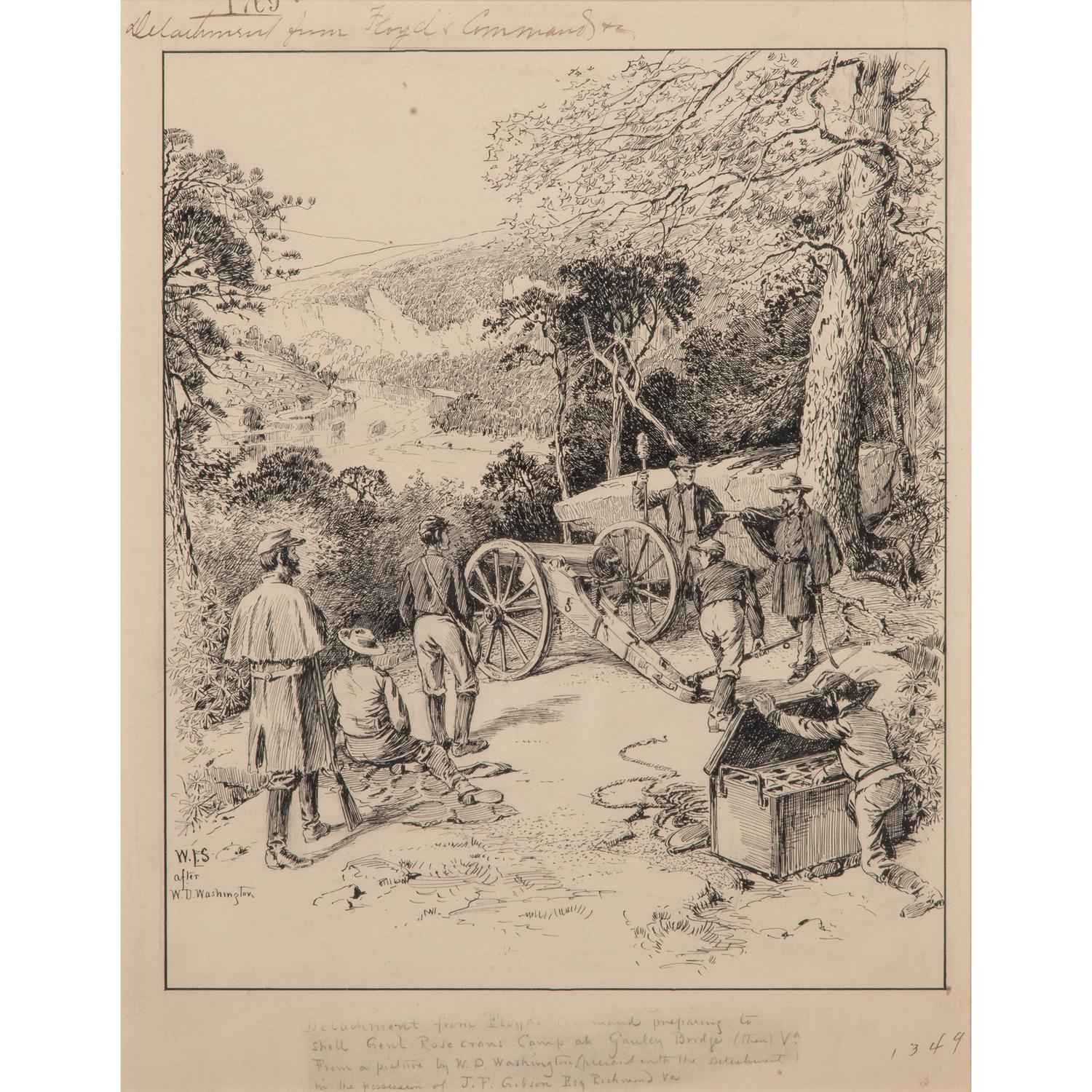William Ludwell Sheppard, after W.D. Washington, Pen and Ink Sketch Depicting a Detachment from Floyd's Command at Gauley Bridge, WV
