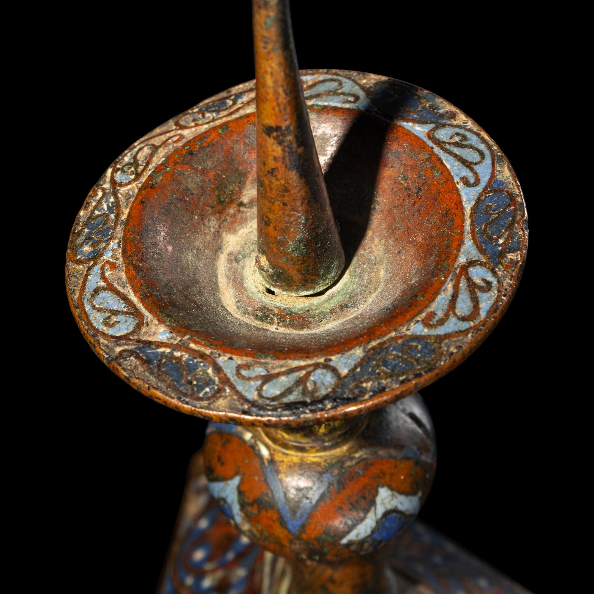 A Limoges Gilt-Copper and Champleve Enamel Candlestick