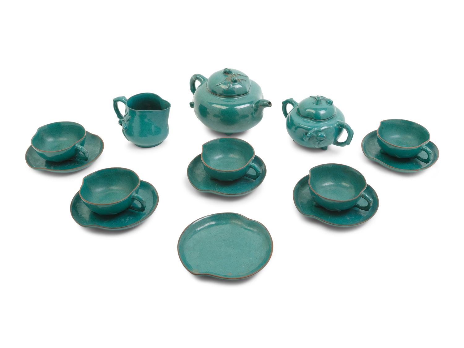 A Chinese Green Glazed Zisha Pottery Tea Set