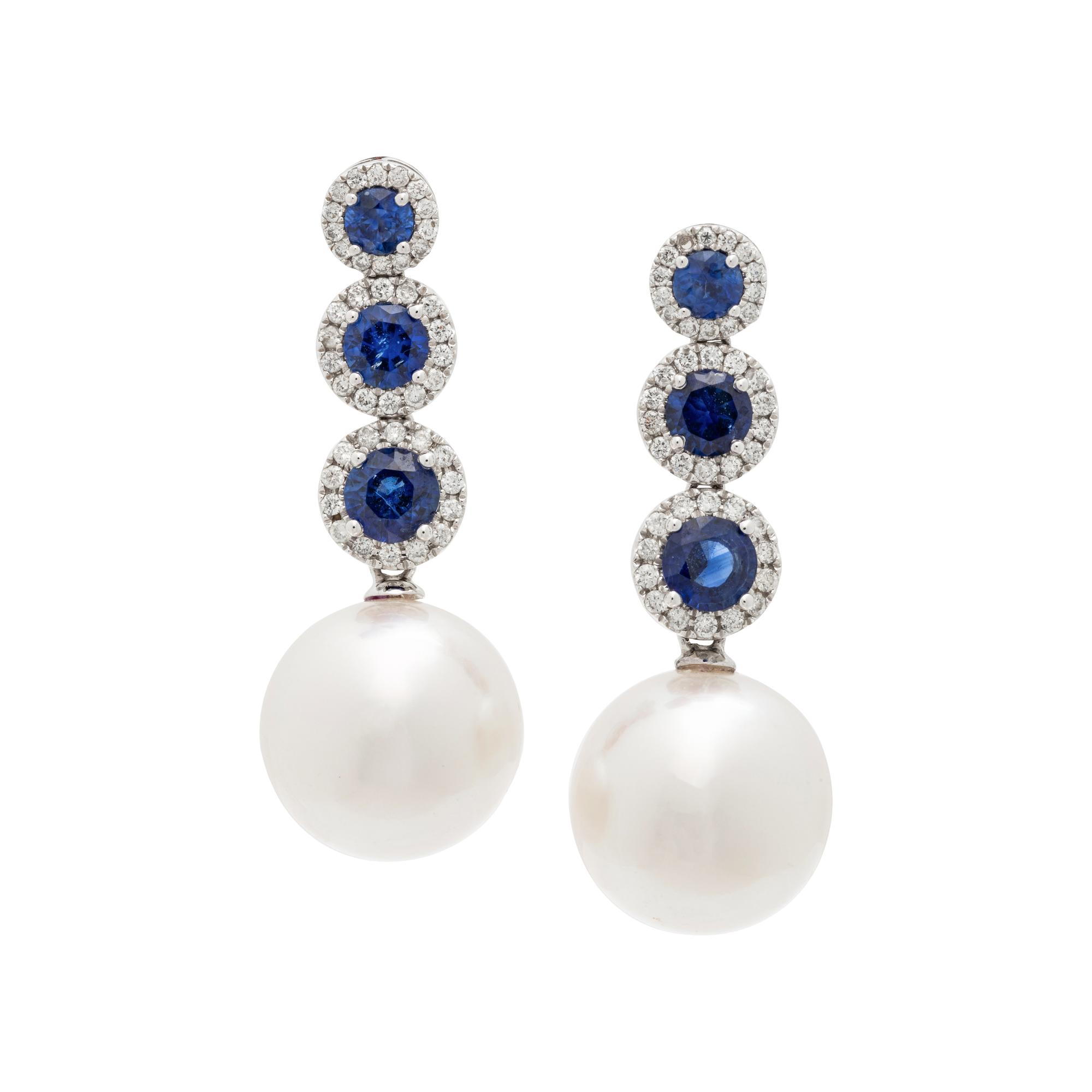 CULTURED SOUTH SEA PEARL, DIAMOND AND SAPPHIRE EARRINGS