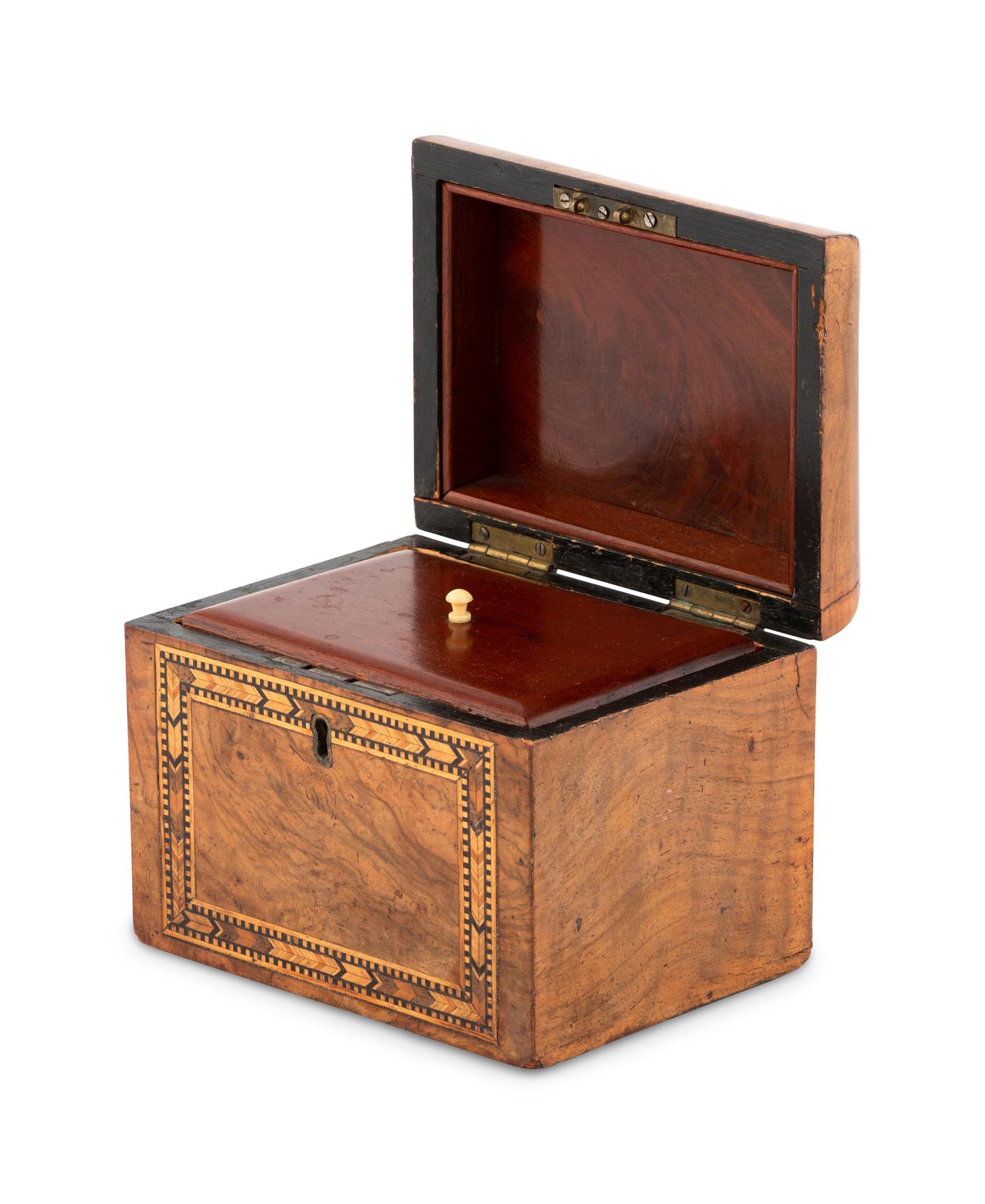 A Victorian Marquetry and Burlwood Tea Caddy