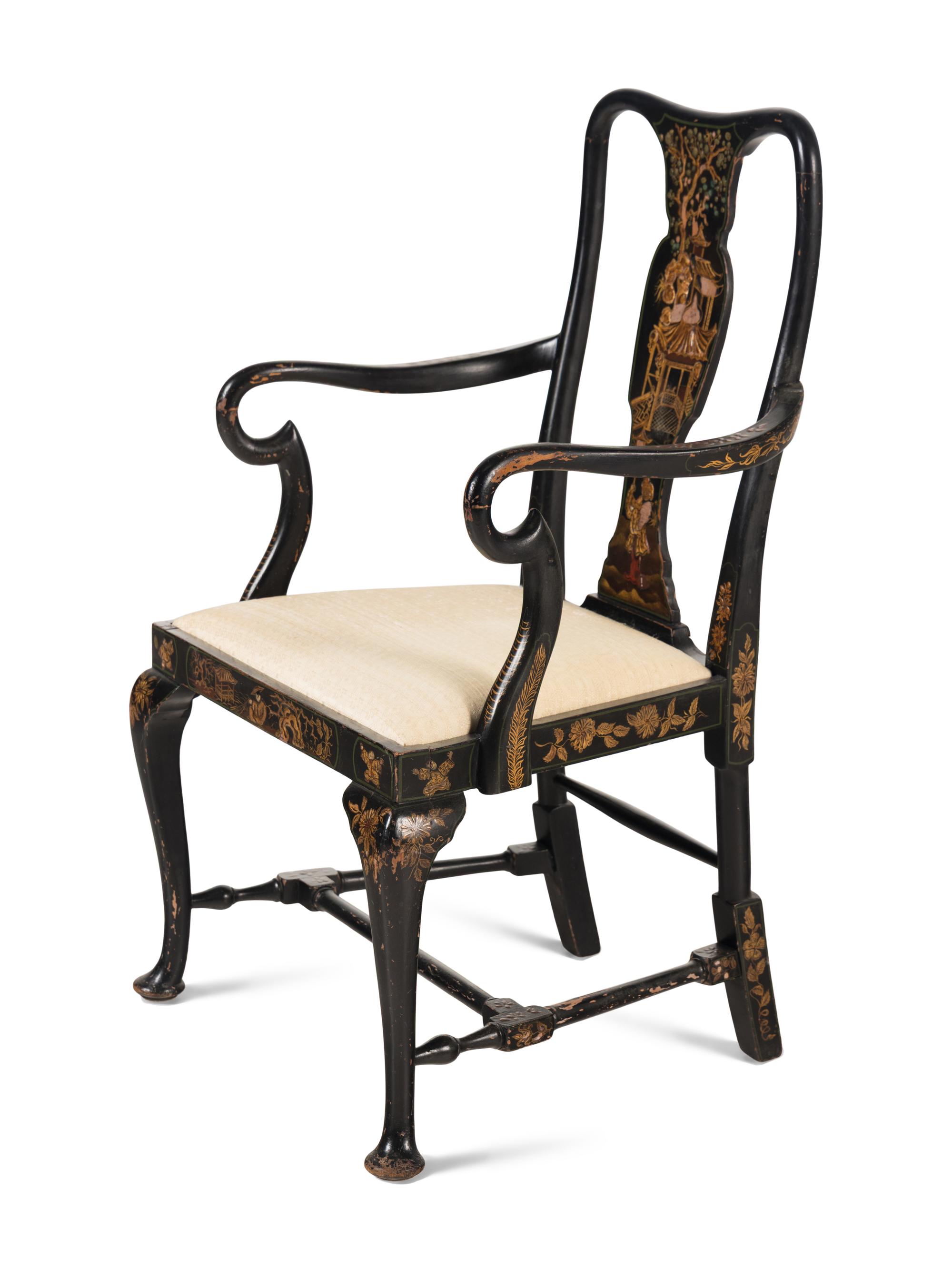 A Queen Anne Style Black Japanned Armchair