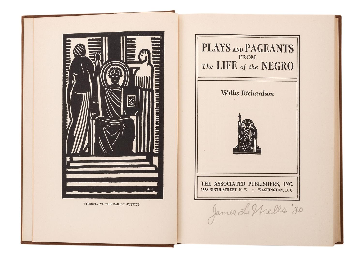 [THEATER]. RICHARDSON, Willis (1889-1977). WELLS, James Lesene (1902-1993), illustrator. Plays and Pageants from the Life of the Negro. Washington, DC: The Associated Publishers, 1930.