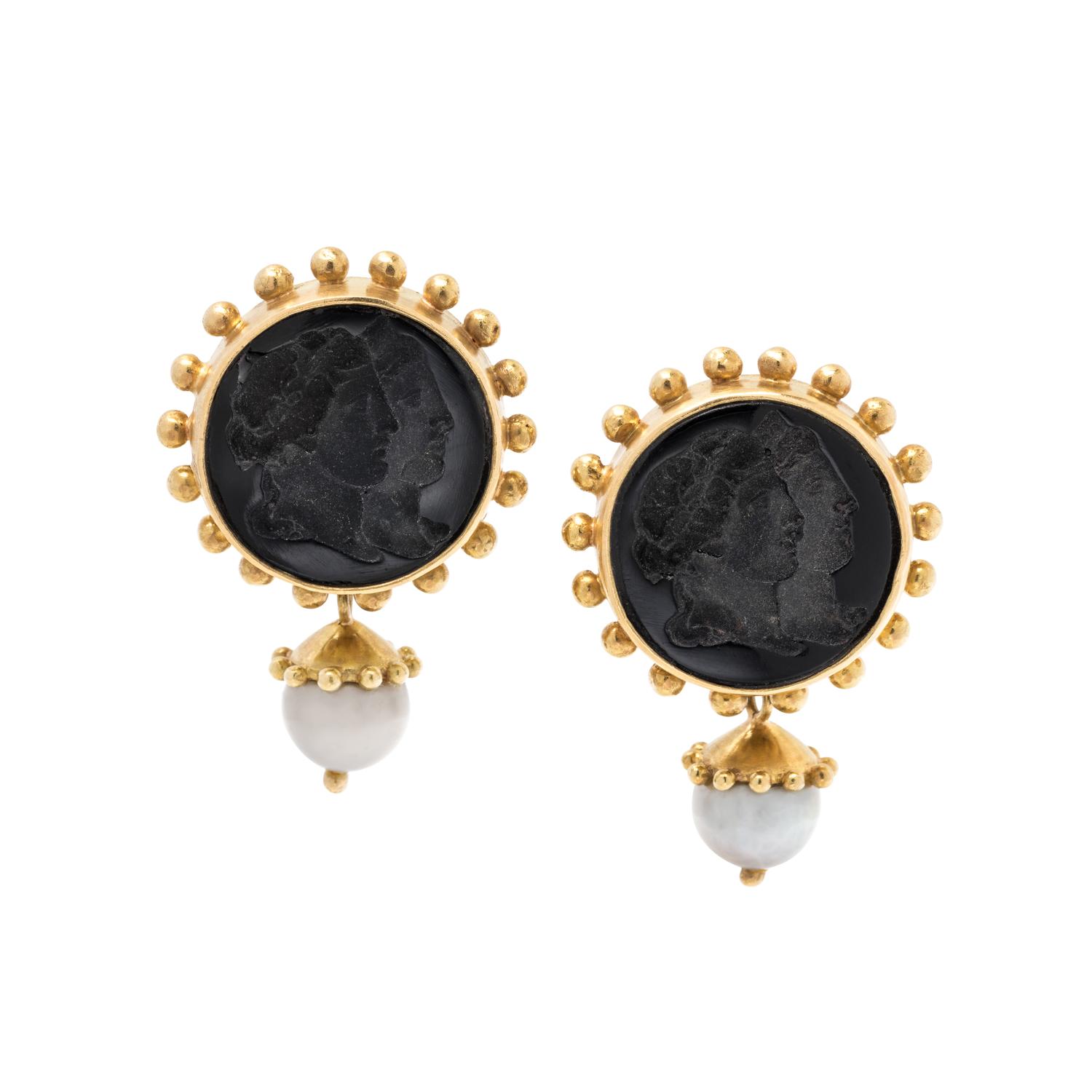 ELIZABETH LOCKE, CONVERTIBLE GLASS INTAGLIO AND CULTURED PEARL EARCLIPS