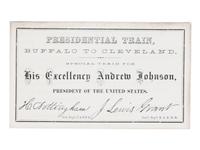 [JOHNSON, Andrew (1808-1875)]. Presidential Train schedule and pass, with the original envelope, for the "Swing Around the Circle" tour. N.p., n.p., 3 September 1866.
